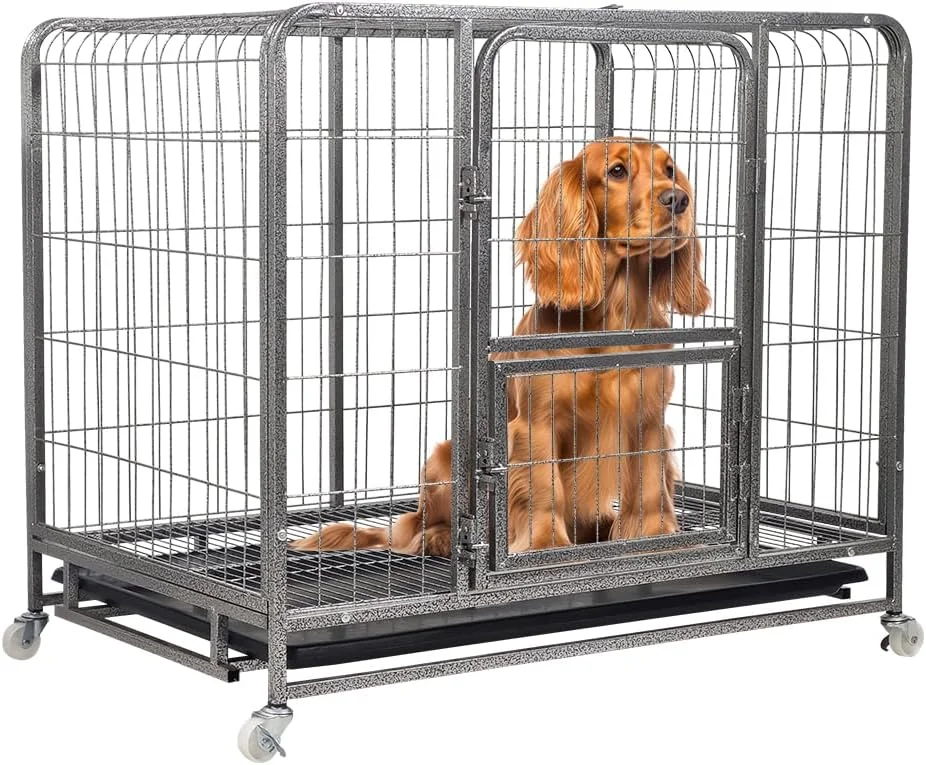 قفس سگ، قفس فلزی سنگین و بادوام مشکی با چرخ های قفل شونده و دو درب برای سگ های کوچک و متوسط، قفس سگ با طراحی سقف باز و نصب آسان برای استفاده در فضای باز و داخلی (93 سانتی متر)