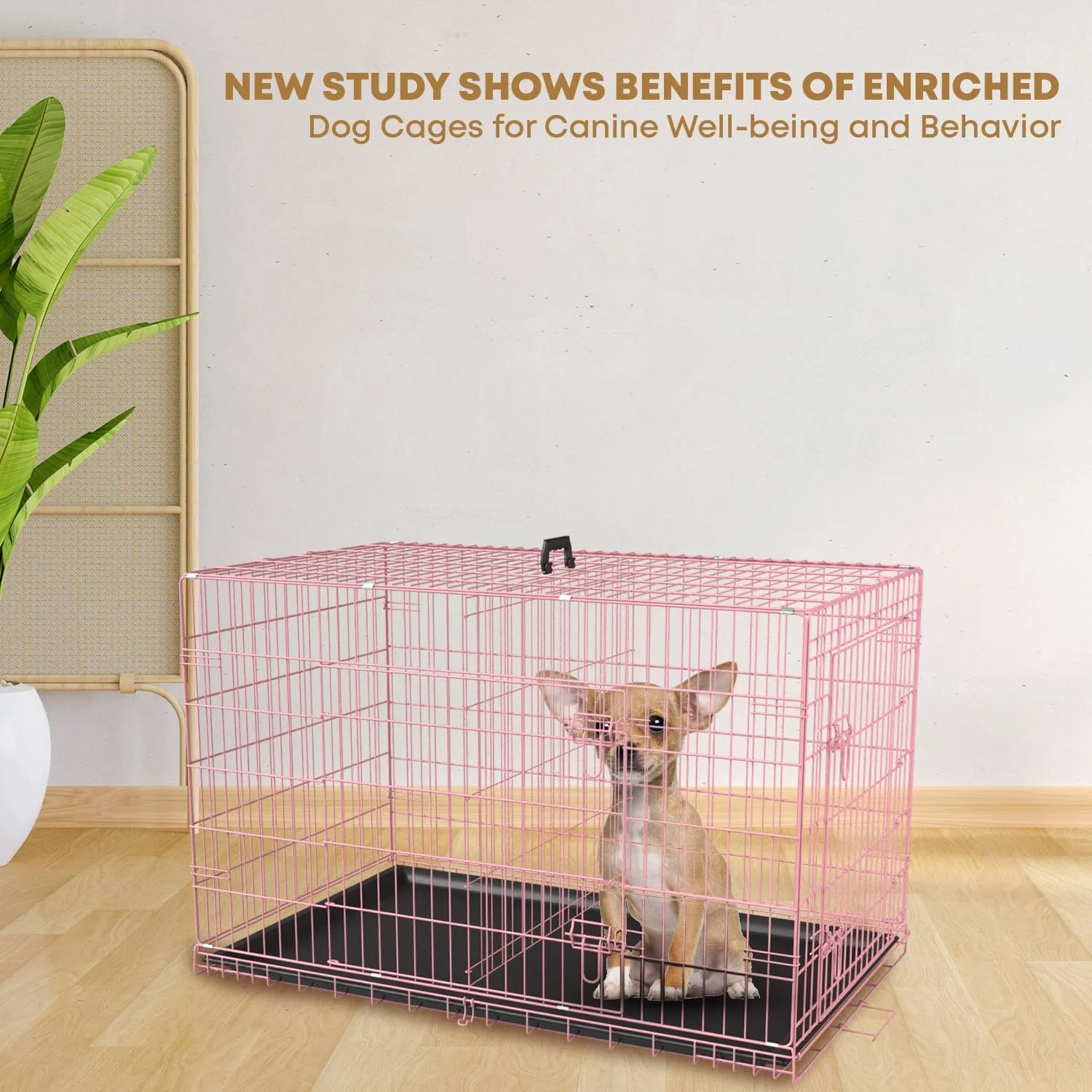 قفس سگ سایزهای 60، 75، 90، 105، 120 سانتی متری برای سگ های بزرگ، قفس سگ، لانه سگ، قفس فلزی تاشو با دو درب و سینی پلاستیکی ضد نشت، قفس حیوانات خانگی برای داخل و خارج از منزل (صورتی، 60 سانتی متر)