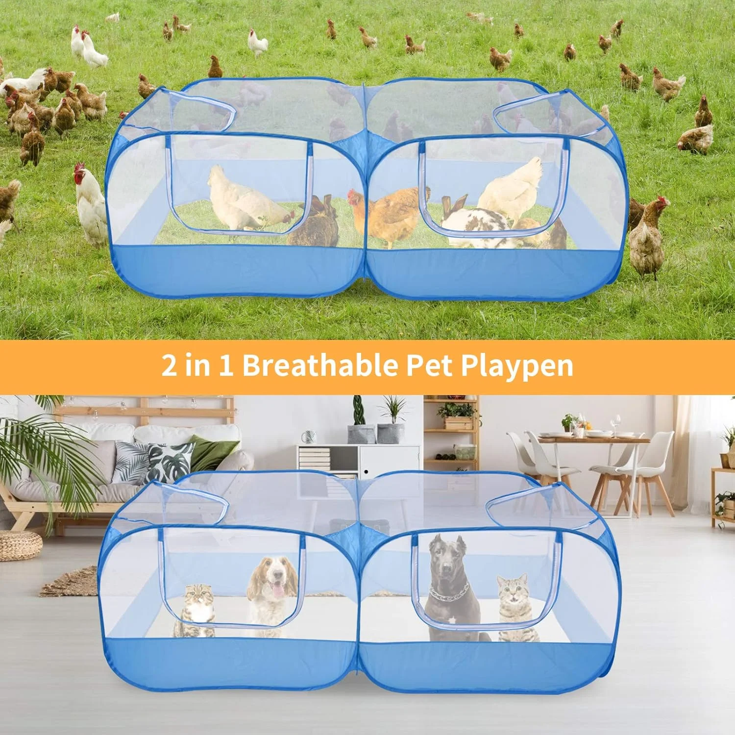 محوطه بازی حیوانات خانگی Jhua برای حیوانات کوچک، محوطه مرغ قابل حمل با پوشش، قفس مرغ تاشو در فضای باز، محوطه بازی برای حیوانات خانگی کوچک با دیوارهای توری شفاف برای مرغ، اردک، توله سگ، گربه، خرگوش (آبی)
