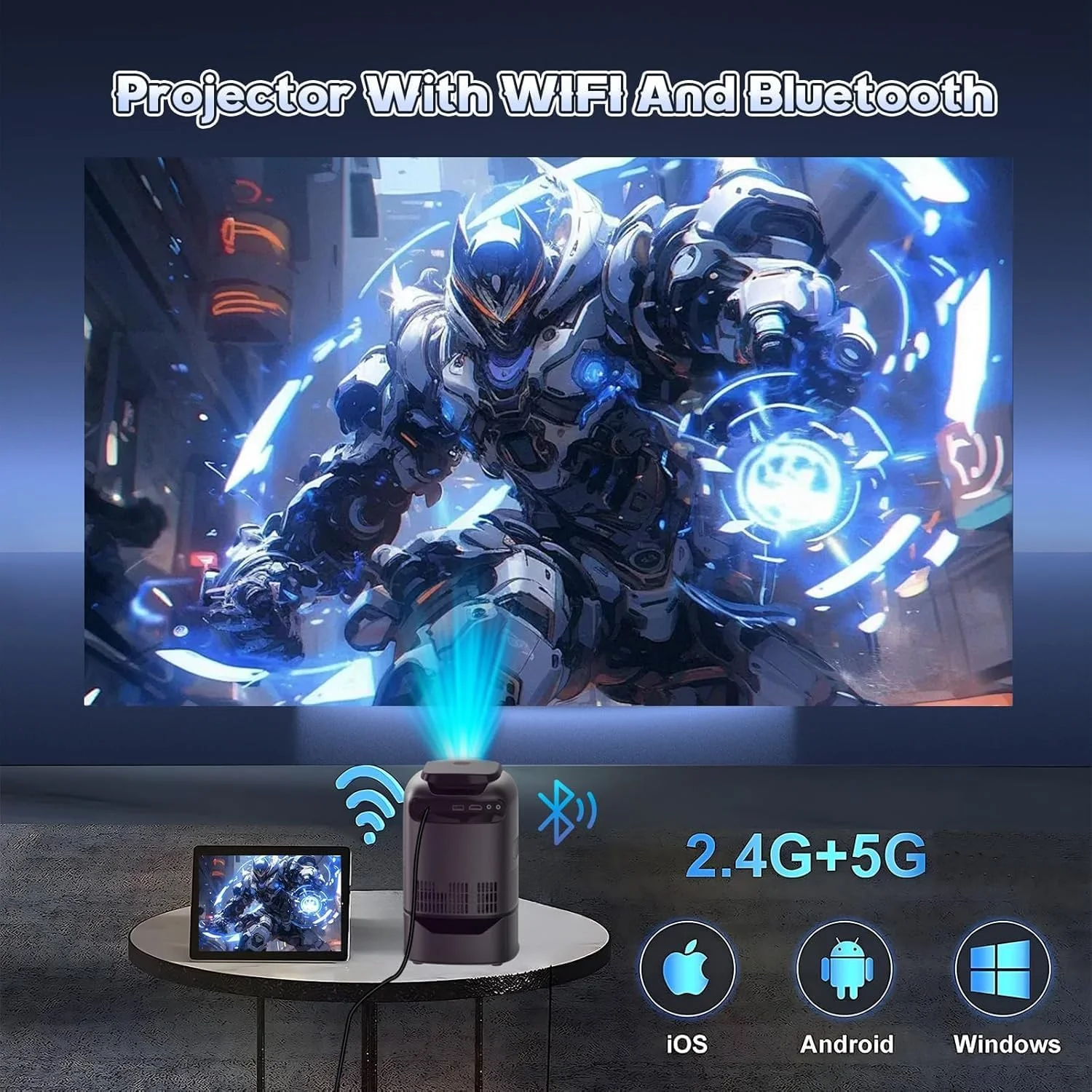 پروژکتور قابل حمل 1080p تریفی، 1200 لومن، با پایه بالابر، با Wi-Fi و بلوتوث، با بلندگو، پروژکتور سینمای خانگی برای HDMI، USB، PC، جعبه تلویزیون، تلفن iOS و Android