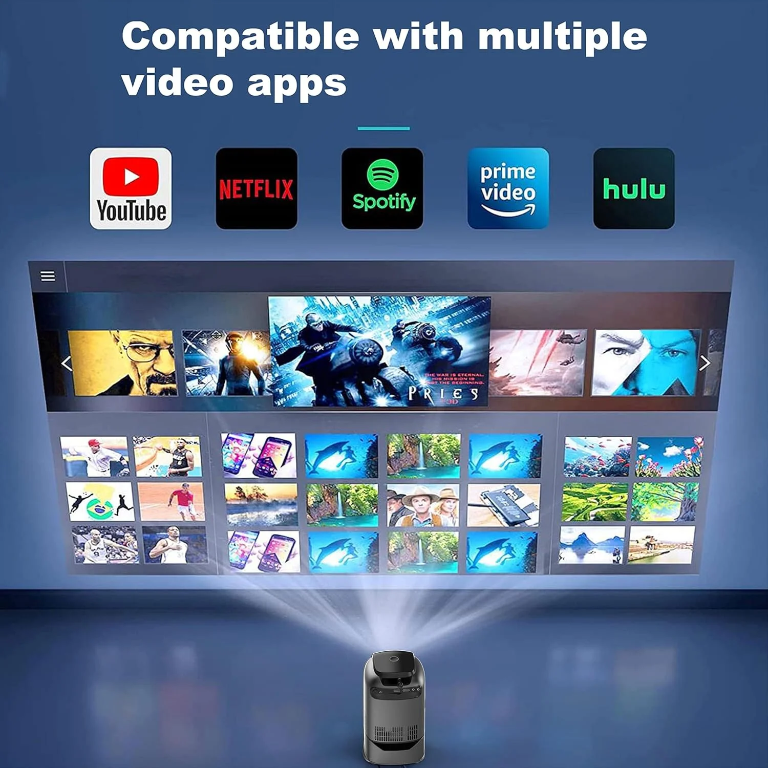 پروژکتور قابل حمل 1080p تریفی، 1200 لومن، با پایه بالابر، با Wi-Fi و بلوتوث، با بلندگو، پروژکتور سینمای خانگی برای HDMI، USB، PC، جعبه تلویزیون، تلفن iOS و Android