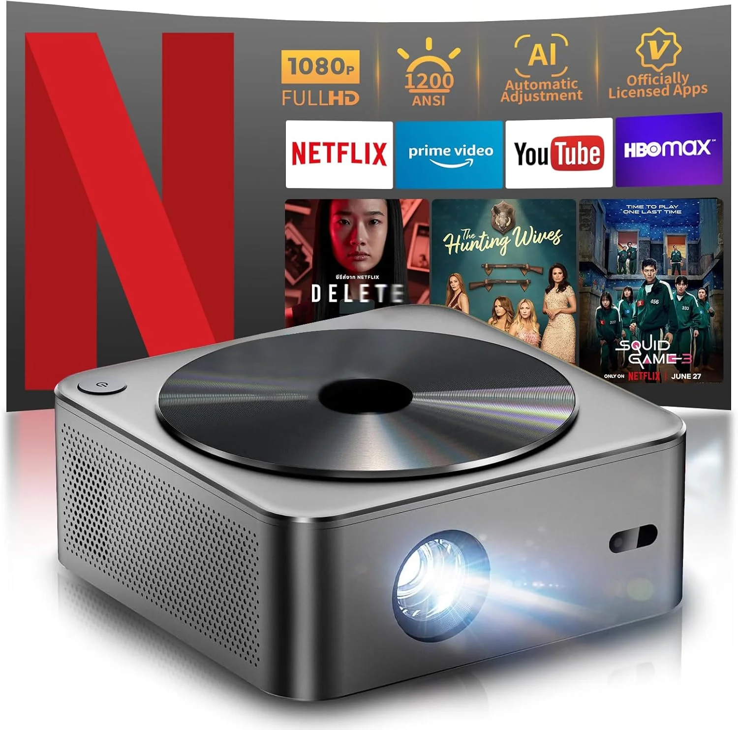 پروژکتور 4K [1200 ANSI/دارای مجوز رسمی نتفلیکس] پروژکتور هوشمند با WiFi6 و بلوتوث، صدای استریو سه بعدی و فوکوس خودکار هوش مصنوعی، پروژکتور فیلم فضای باز، حداکثر نمایشگر 300 اینچی