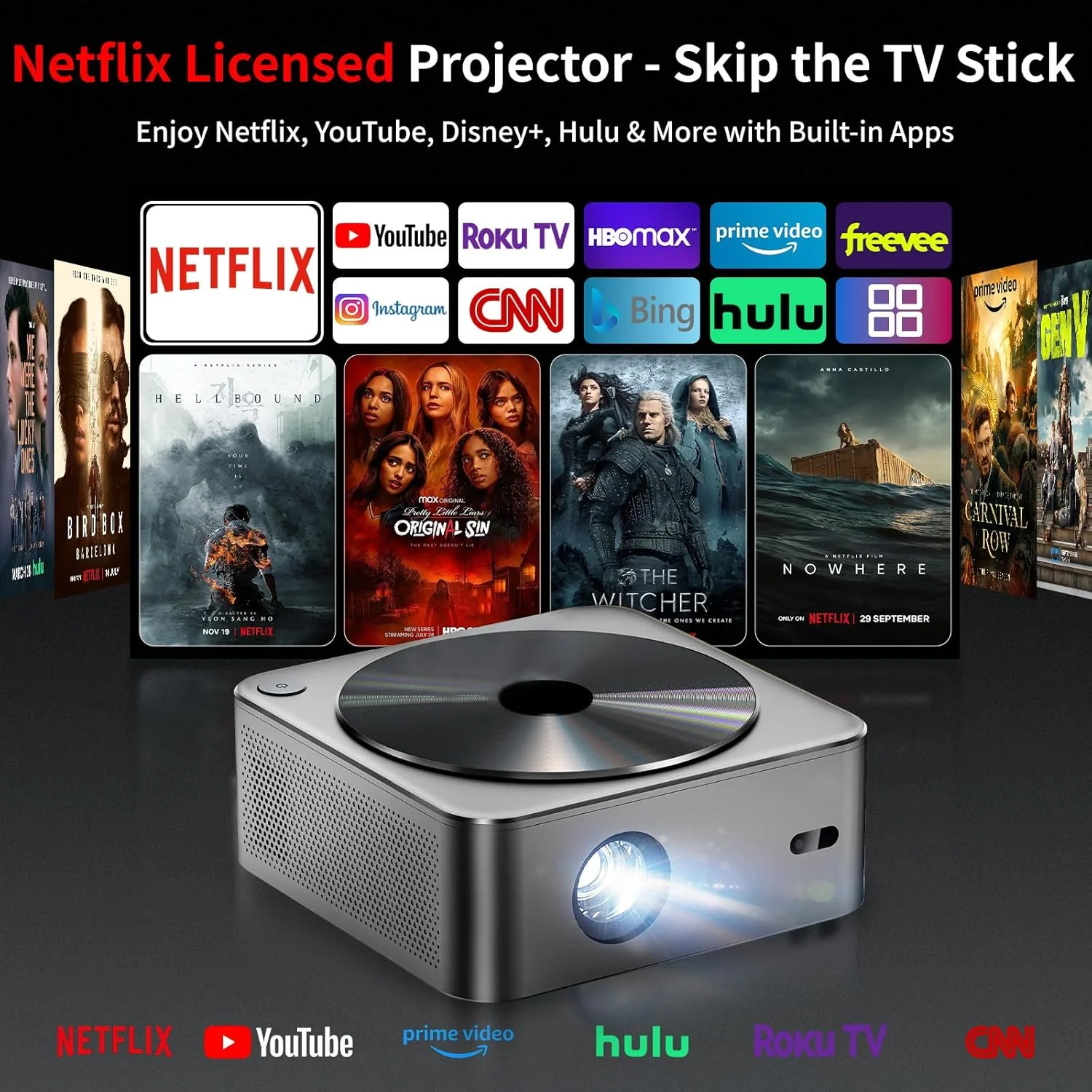 پروژکتور 4K [1200 ANSI/دارای مجوز رسمی نتفلیکس] پروژکتور هوشمند با WiFi6 و بلوتوث، صدای استریو سه بعدی و فوکوس خودکار هوش مصنوعی، پروژکتور فیلم فضای باز، حداکثر نمایشگر 300 اینچی