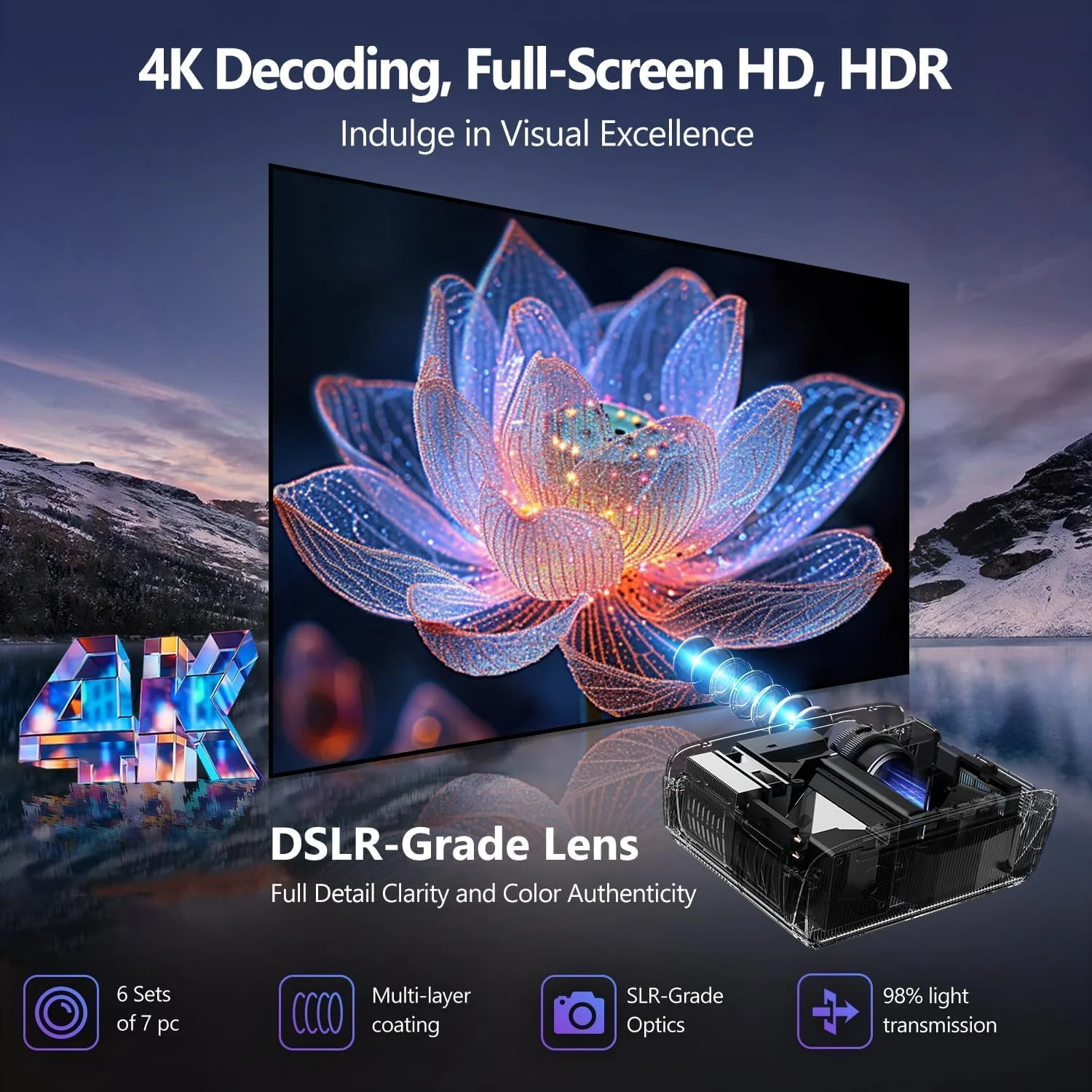 پروژکتور سینمای خانگی 4K UHD با روشنایی 1350 انسی لومن مناسب استفاده در روز، پروژکتور هوشمند اندروید 4K با WiFi6 بلوتوث 5.2، NFC، HDMI ARC برای فیلم در فضای باز، اتاق خواب، بازی های ویدیویی، تلفن های هوشمند، نتفلیکس و یوتیوب داخلی پروژکتور سینمای خانگی 4K UHD با روشنایی 1350 انسی لومن مناسب استفاده در روز، پروژکتور هوشمند اندروید 4K با WiFi6 بلوتوث 5.2، NFC، HDMI ARC برای فیلم در فضای باز، اتاق خواب، بازی های ویدیویی، تلفن های هوشمند، نتفلیکس و یوتیوب داخلی
