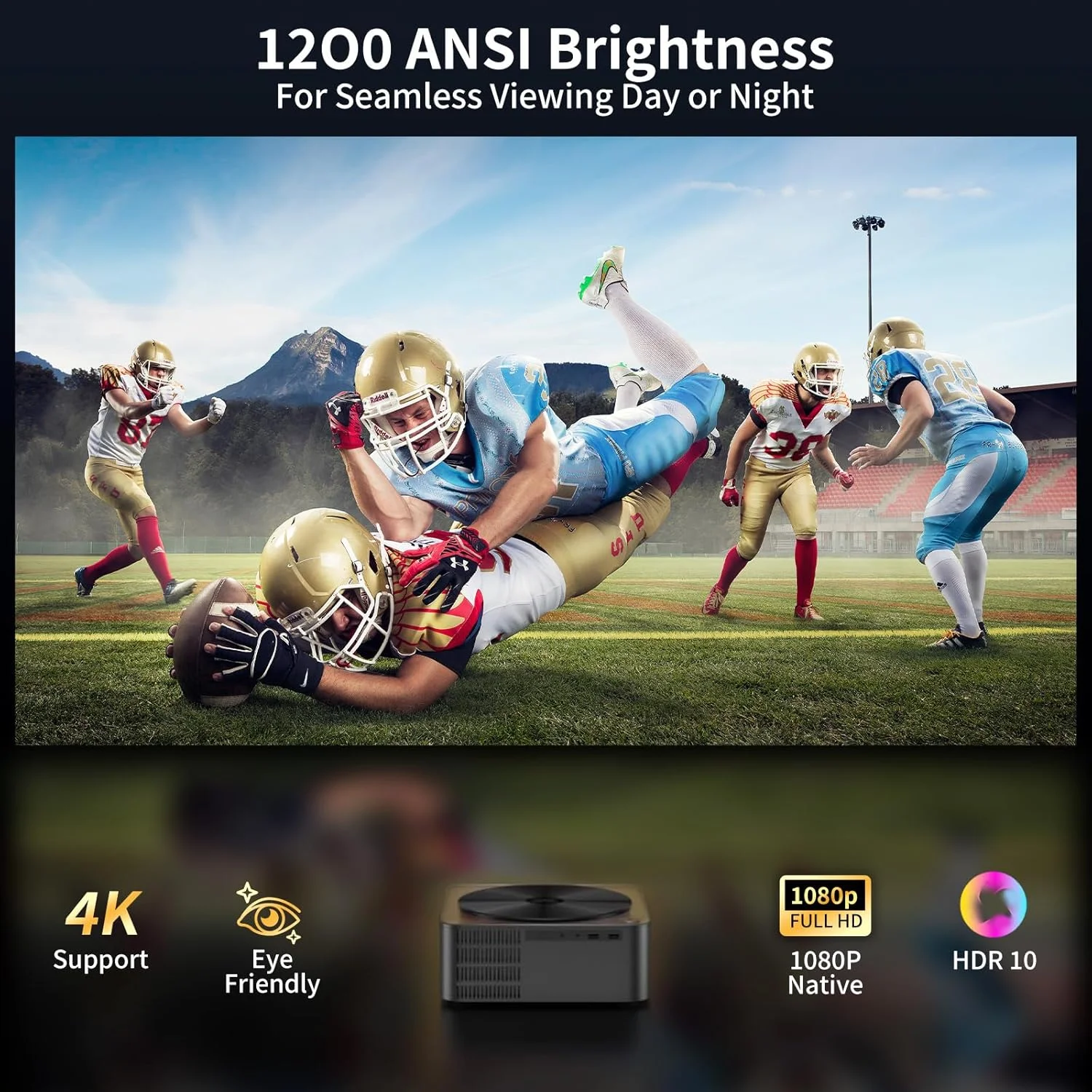 پروژکتور 4K [1200 ANSI/دارای مجوز رسمی نتفلیکس] پروژکتور هوشمند با WiFi6 و بلوتوث، صدای استریو سه بعدی و فوکوس خودکار هوش مصنوعی، پروژکتور فیلم فضای باز، حداکثر نمایشگر 300 اینچی