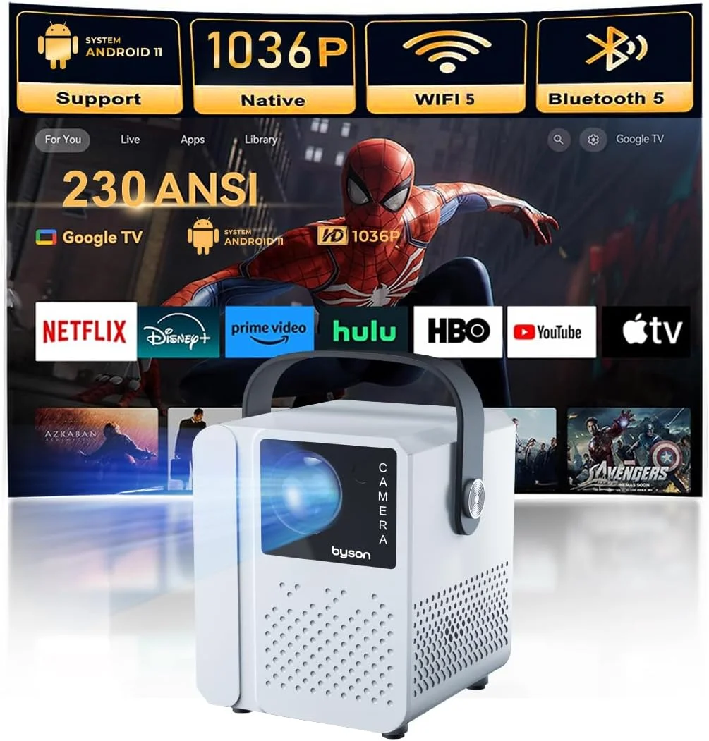 پروژکتور فول اچ دی بایسون لوما با اندروید 11، وای فای 5G، نمایشگر 50-120 اینچی، HDR، ریموت و سه پایه - سینمای خانگی، ارائه اداری و استفاده در فضای باز، پروژکتور مینی هوشمند بی سیم