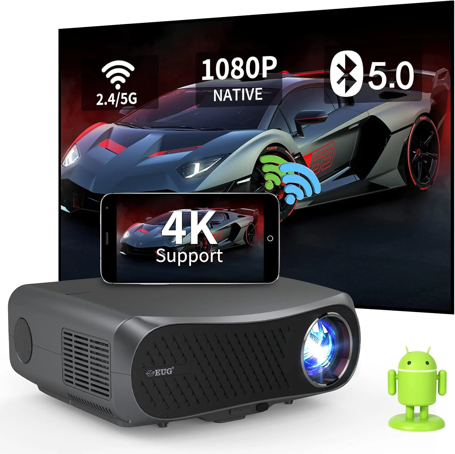 پروژکتور هوشمند 4K با وای فای 5G و بلوتوث، پروژکتور تلویزیون اندروید Ultra HD با روشنایی 1250ANSI، دارای برنامه های داخلی، پروژکتور سینمای خانگی برای اتاق خواب، فیلم در فضای باز و بازی، سازگار با لپ تاپ، کامپیوتر، DVD، PS5، تلفن