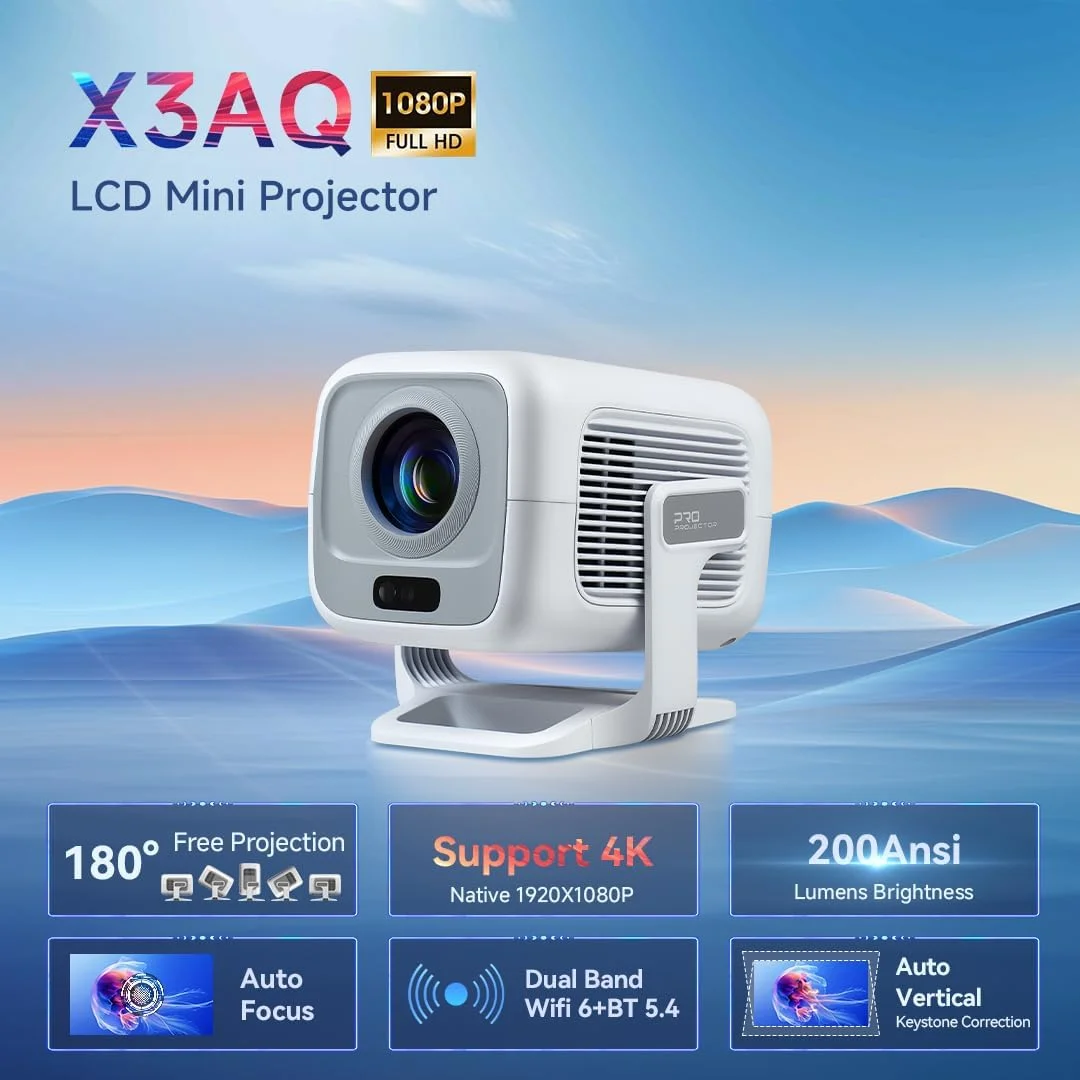 پروژکتور مینی [برنامه داخلی] فوکوس خودکار پروژکتور LED قابل حمل صفحه نمایش 4K UHD WiFi 6 BT5.2 سینمای خانگی Keystone سازگار با iOS/Android/TV Stick/PS5/Xbox تاخیر کم چرخش 180 درجه