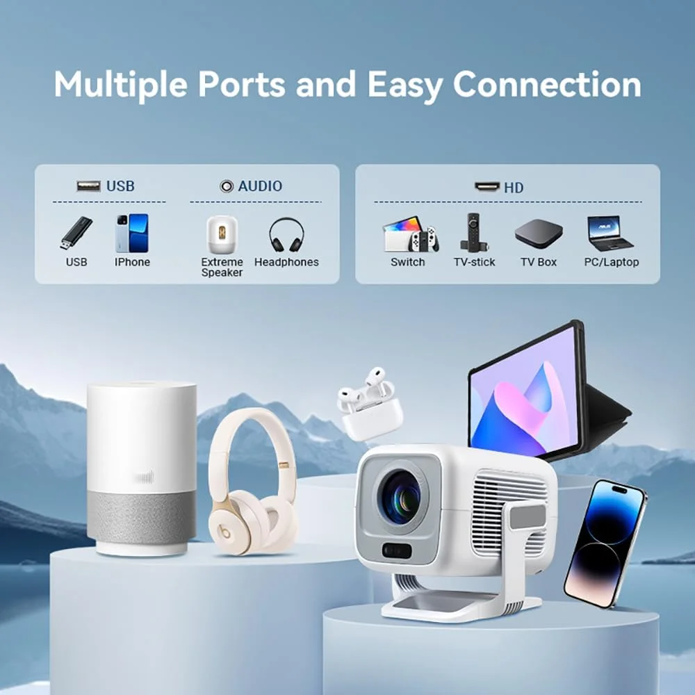 پروژکتور مینی [برنامه داخلی] فوکوس خودکار پروژکتور LED قابل حمل صفحه نمایش 4K UHD WiFi 6 BT5.2 سینمای خانگی Keystone سازگار با iOS/Android/TV Stick/PS5/Xbox تاخیر کم چرخش 180 درجه