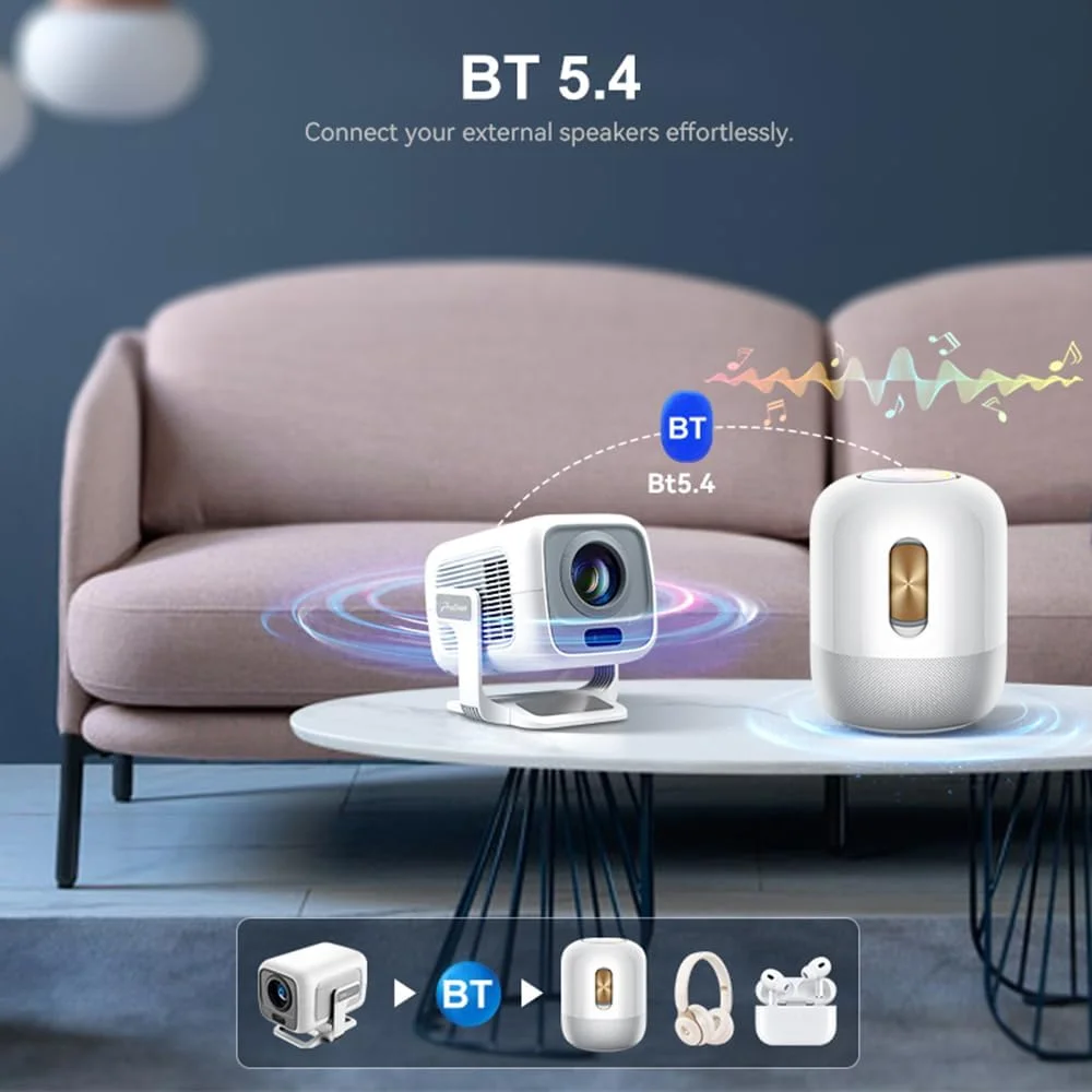 پروژکتور مینی [برنامه داخلی] فوکوس خودکار پروژکتور LED قابل حمل صفحه نمایش 4K UHD WiFi 6 BT5.2 سینمای خانگی Keystone سازگار با iOS/Android/TV Stick/PS5/Xbox تاخیر کم چرخش 180 درجه