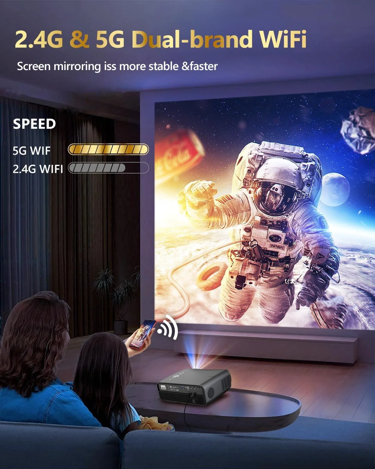 پروژکتور هوشمند 4K با وای فای 5G و بلوتوث، پروژکتور تلویزیون اندروید Ultra HD با روشنایی 1250ANSI، دارای برنامه های داخلی، پروژکتور سینمای خانگی برای اتاق خواب، فیلم در فضای باز و بازی، سازگار با لپ تاپ، کامپیوتر، DVD، PS5، تلفن پروژکتور هوشمند 4K با وای فای 5G و بلوتوث، پروژکتور تلویزیون اندروید Ultra HD با روشنایی 1250ANSI، دارای برنامه های داخلی، پروژکتور سینمای خانگی برای اتاق خواب، فیلم در فضای باز و بازی، سازگار با لپ تاپ، کامپیوتر، DVD، PS5، تلفن