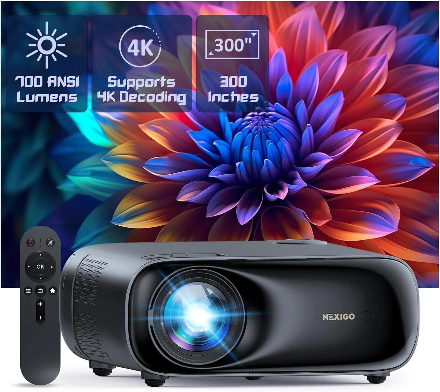 پروژکتور NexiGo PJ40 (نسل 3) با WiFi و بلوتوث، کالیبره شده بر اساس D65، رزولوشن اصلی 1080P، پشتیبانی از 4K، پروژکتور برای فیلم های فضای باز، بلندگوهای 20 واتی، سینمای خانگی، سازگار با TV Stick، iOS، Android
