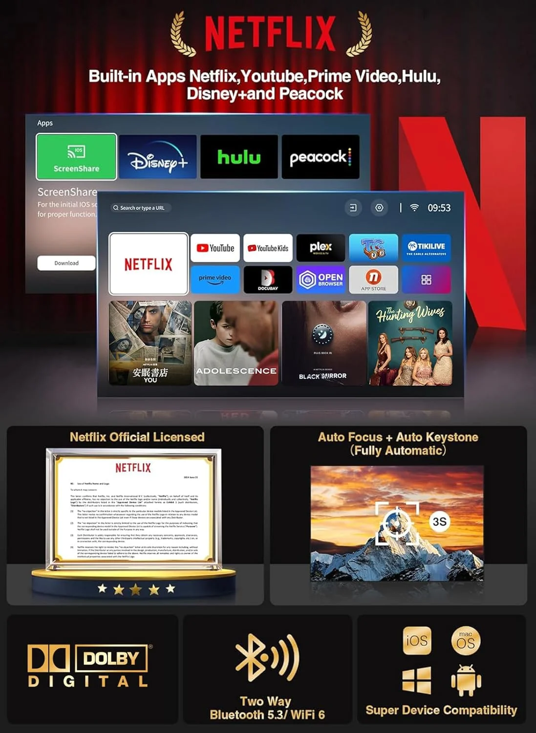پروژکتور دارای مجوز نتفلیکس [1200 ANSI] با WiFi 6 و بلوتوث دو طرفه، تلویزیون هوشمند و تنظیم خودکار هوش مصنوعی، پروژکتور فیلم خانگی Native 1080P با صفحه نمایش 300 اینچی
