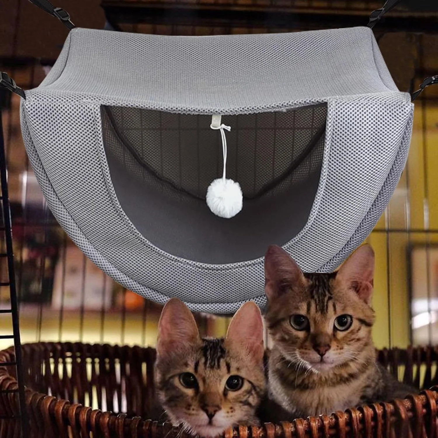 تخت آویز بزرگ گربه | تخت خواب بچه گربه تنفسی با توپ سرگرم کننده، لوازم حیوانات خانگی راحت برای گربه های داخل خانه، راسو، همستر یا سایر حیوانات کوچک