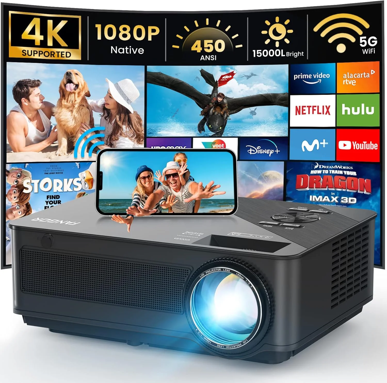 پروژکتور بلوتوث وای فای FANGOR - پروژکتور فیلم 1080P Native HD در فضای باز با پشتیبانی از صفحه نمایش 300 اینچی، استریو HiFi برای تلفن هوشمند، DVD، لپ تاپ، PS4
