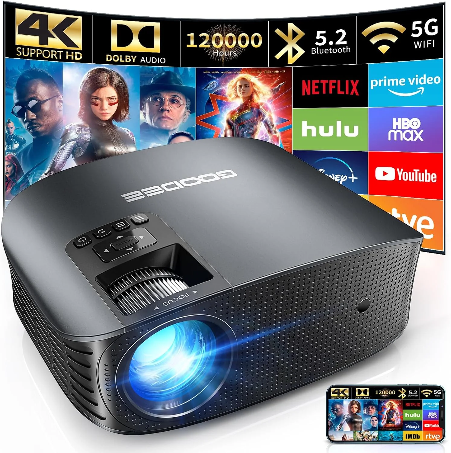 پروژکتور 4K گودی با پشتیبانی از WiFi و بلوتوث، پروژکتور مینی FHD 1080P برای فیلم های فضای باز، پروژکتور ویدئویی 5G برای سینمای خانگی Dolby Audio Zoom پروژکتور قابل حمل TV Stick PPT (YG600 Plus)