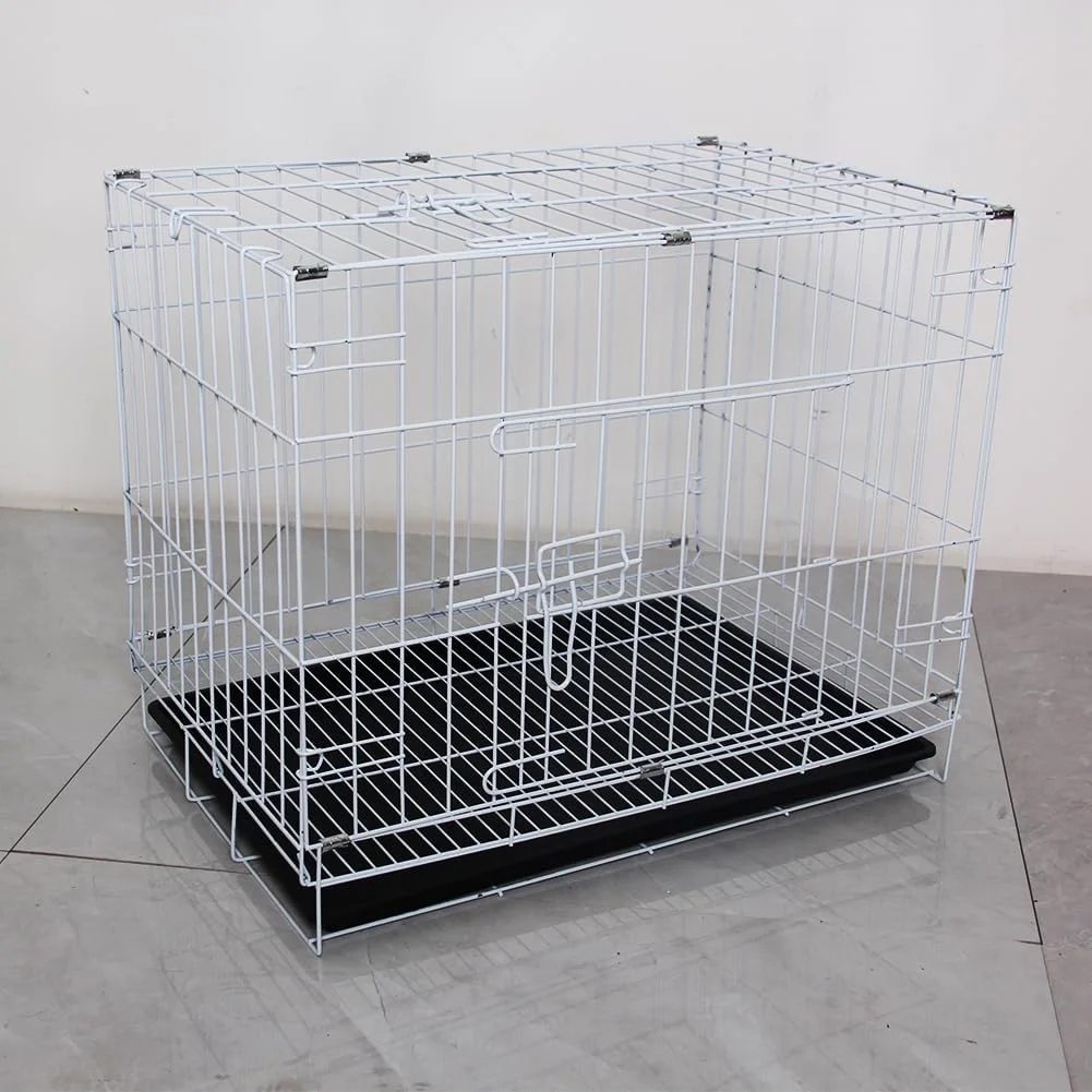 قفس سگ فلزی تاشو با سینی ضد نشت جداشدنی و قفل ایمن - قفس توله سگ قابل حمل برای سگ های کوچک، گربه ها، خرگوش ها | باکس مسافرتی برای آموزش، خانه، ماشین، 50 * 34 * 41 سانتی متر (سفید)