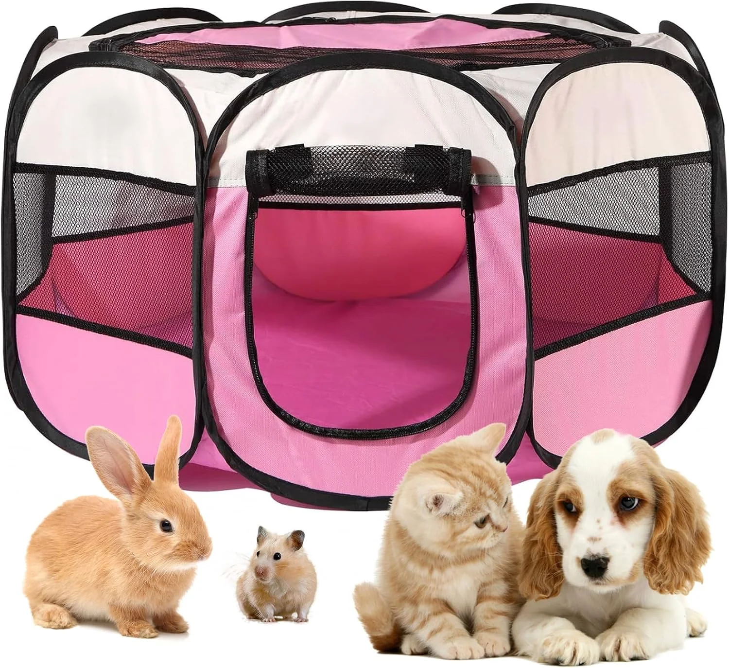 محوطه بازی توله سگ مدل Puppy Run ابعاد 74x74x43 سانتی متر، پارک سگ تاشو برای داخل خانه، محفظه گربه، محوطه بازی توله سگ برای داخل خانه، ایده آل برای سگ ها، گربه ها و حیوانات کوچک، صورتی