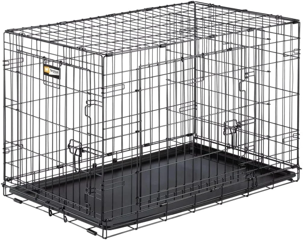 قفس سگ تاشو فرپلاست مدل DOG-INN 90، جعبه حمل و نقل توری فلزی برای سگ و توله سگ با جداکننده، دو درب با قفل ایمنی، ابعاد 92.7 x 58.1 x H 62.5 سانتی متر، رنگ مشکی