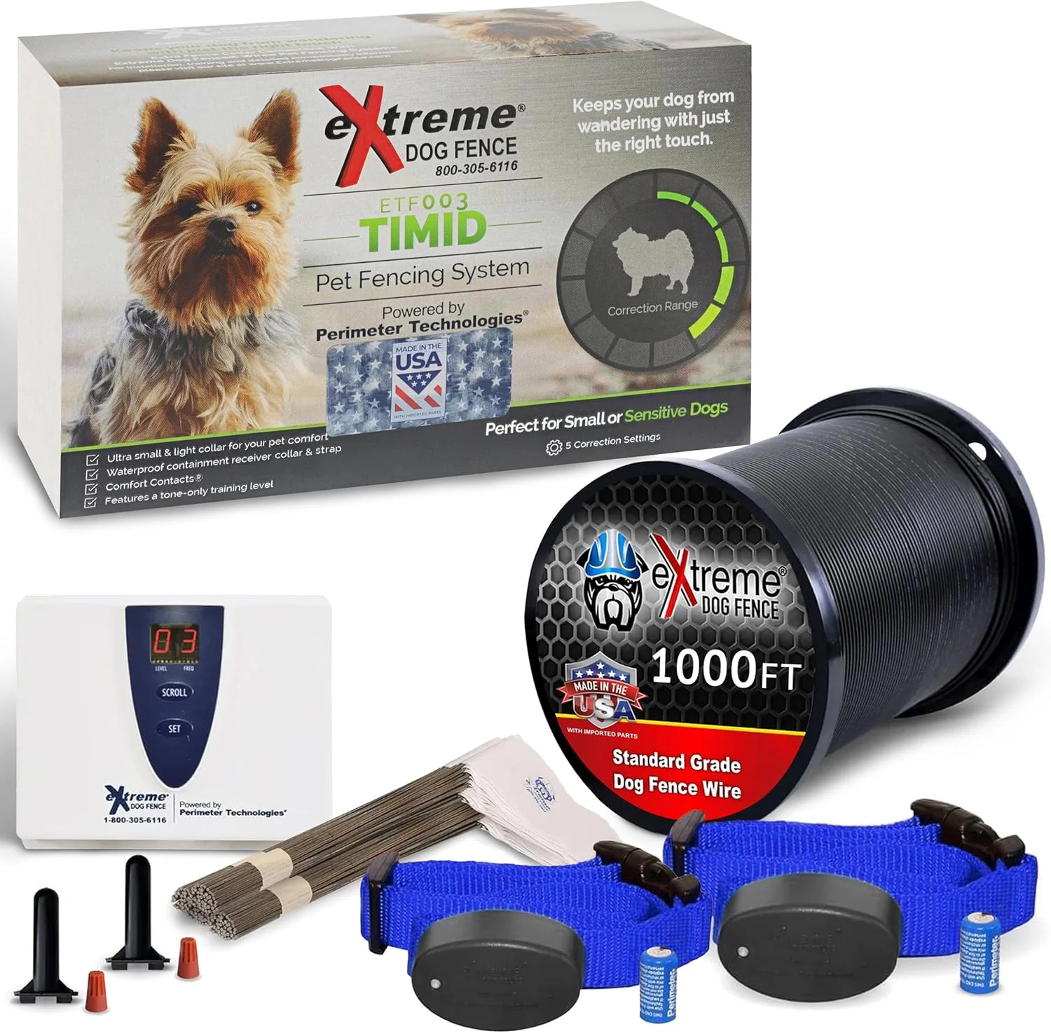 فنس سگ ترسو Extreme® برای 2 سگ - فنس زیرزمینی ملایم برای سگ های ریز زیر 3.5 کیلوگرم | سیستم مهار حیوانات خانگی سطح پایه با اصلاح کم | 300 متر سیم، دو گیرنده قلاده