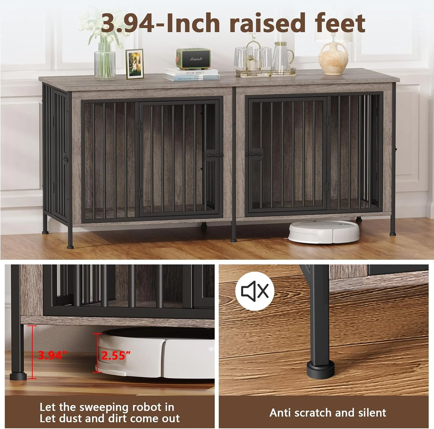 قفس سگ مبلمان EasyCom سایز 78 اینچ برای 2 سگ، قفس بزرگ دو سگ نژاد بزرگ، قفس چوبی بسیار بزرگ XXL، میز تلویزیون، قفس سگ مقاوم با جداکننده خاکستری