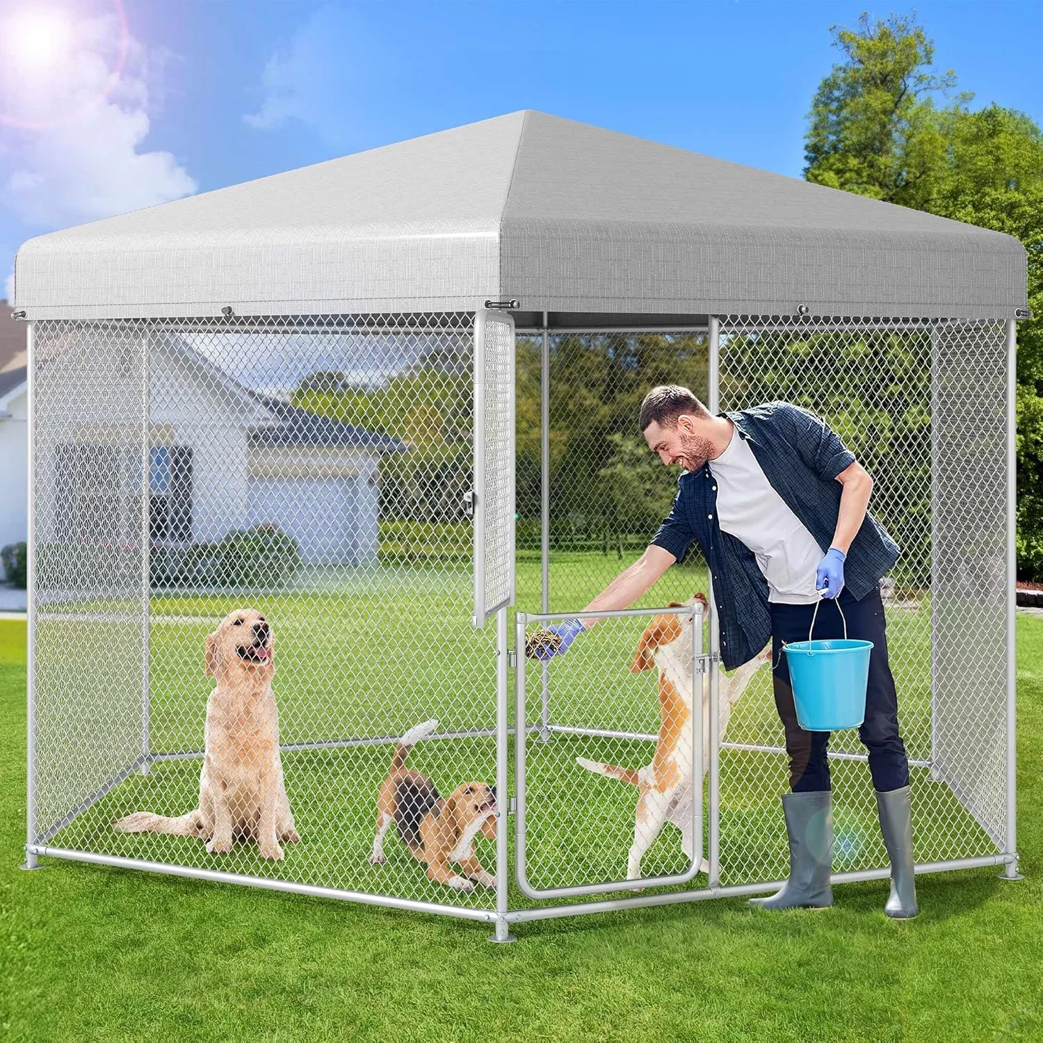 قفس بزرگ سگ در فضای باز DWVO با سقف، محوطه بزرگ حیوانات خانگی، خانه سگ 4x3.4x2.3 متر، محوطه گالوانیزه سگ با پوشش ضد آب مقاوم در برابر اشعه ماوراء بنفش و درهای دوتایی، حصار زنجیره ای برای حیاط