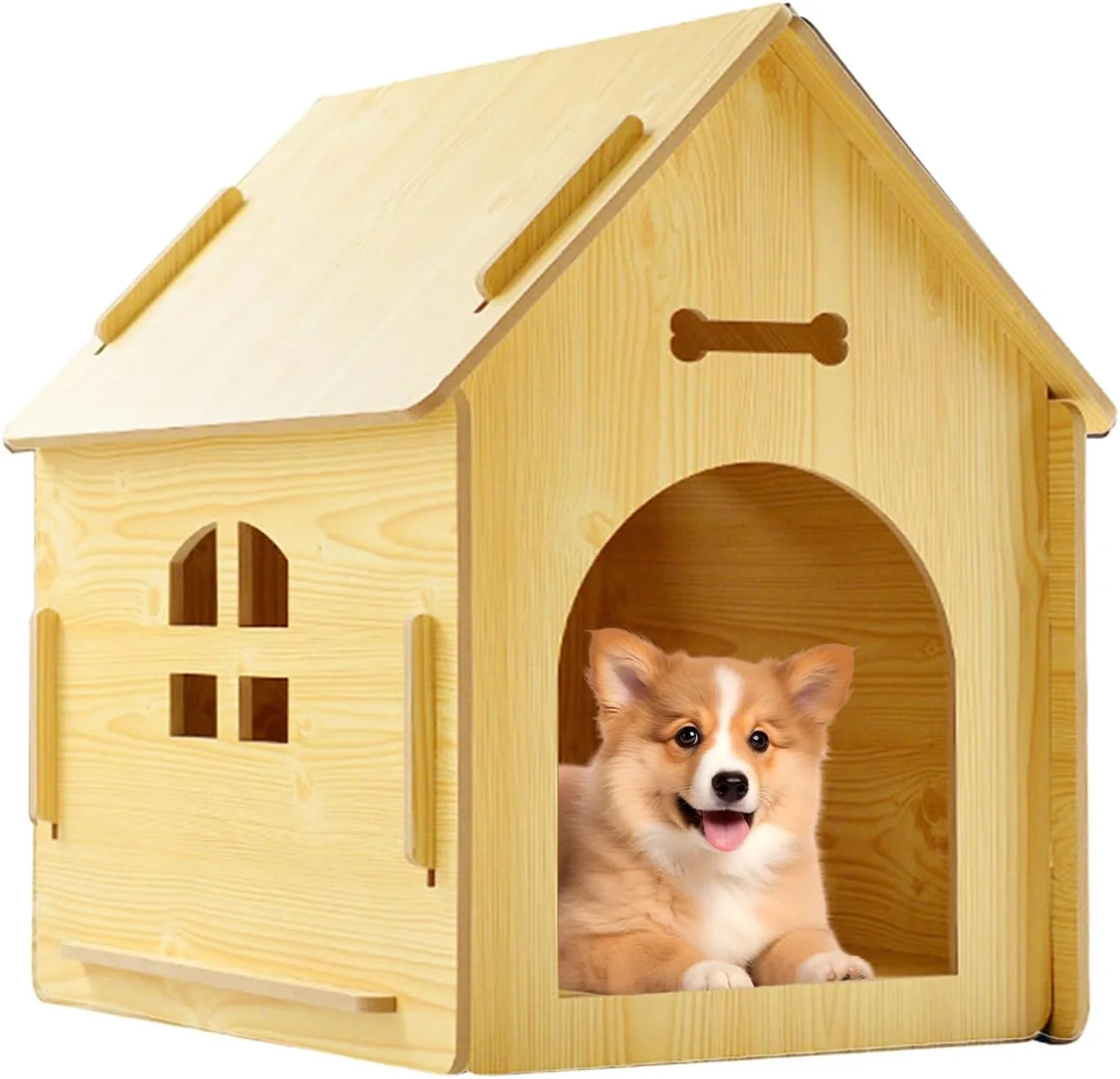 خانه سگ چوبی، کلبه ضد باران جداشدنی، خانه گربه فضای باز با پنجره - برای نژادهای بزرگ و متوسط باغ و حیاط