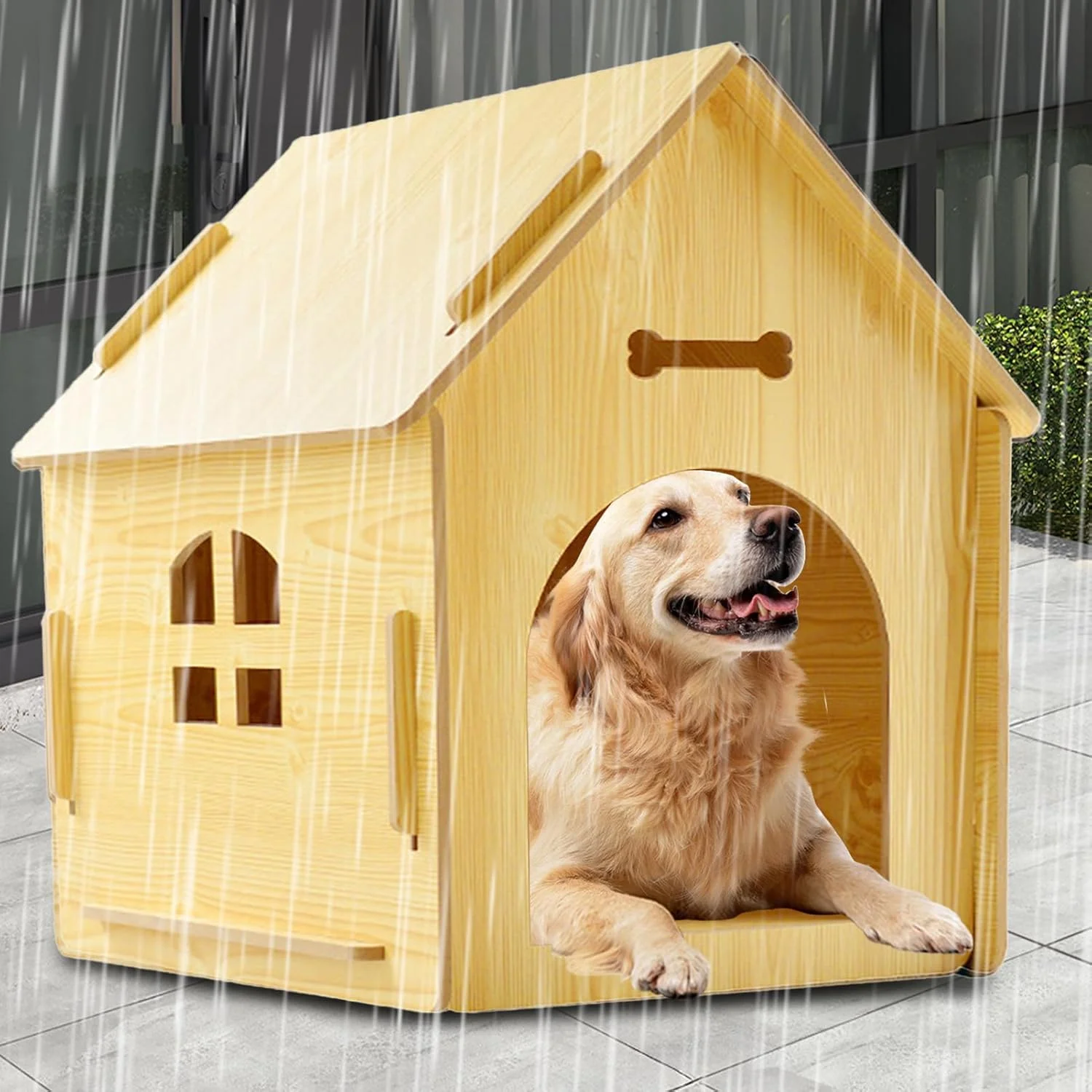 خانه سگ چوبی، کلبه ضد باران جداشدنی، خانه گربه فضای باز با پنجره - برای نژادهای بزرگ و متوسط باغ و حیاط