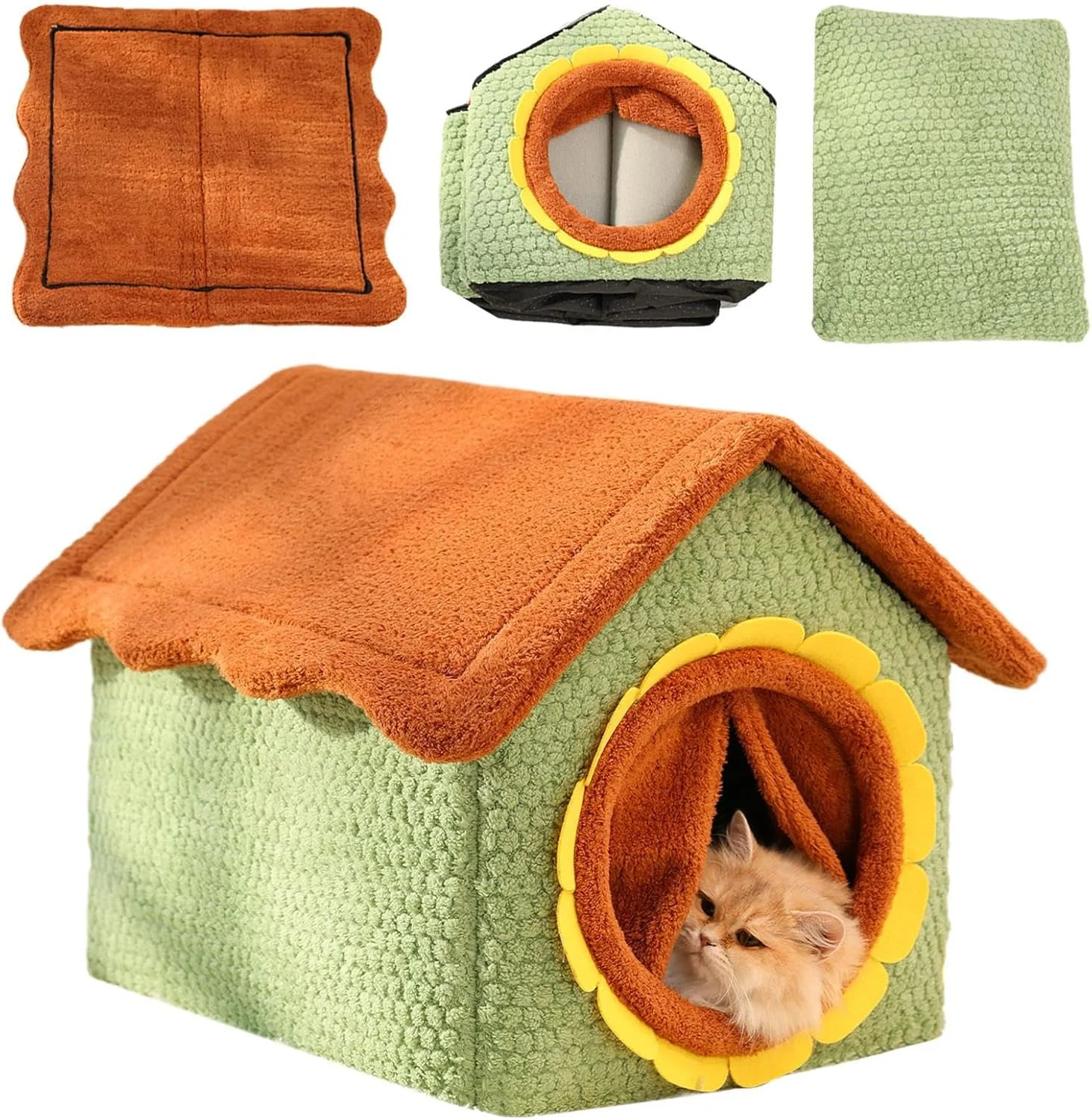 خانه گربه، پناهگاه قابل شستشو و جداشدنی - تخت گربه با درب آفتابگردانی | برای بچه گربه ها، حیوانات خانگی کوچک، گوشه بازی، هوای سرد زمستانی و کریسمس