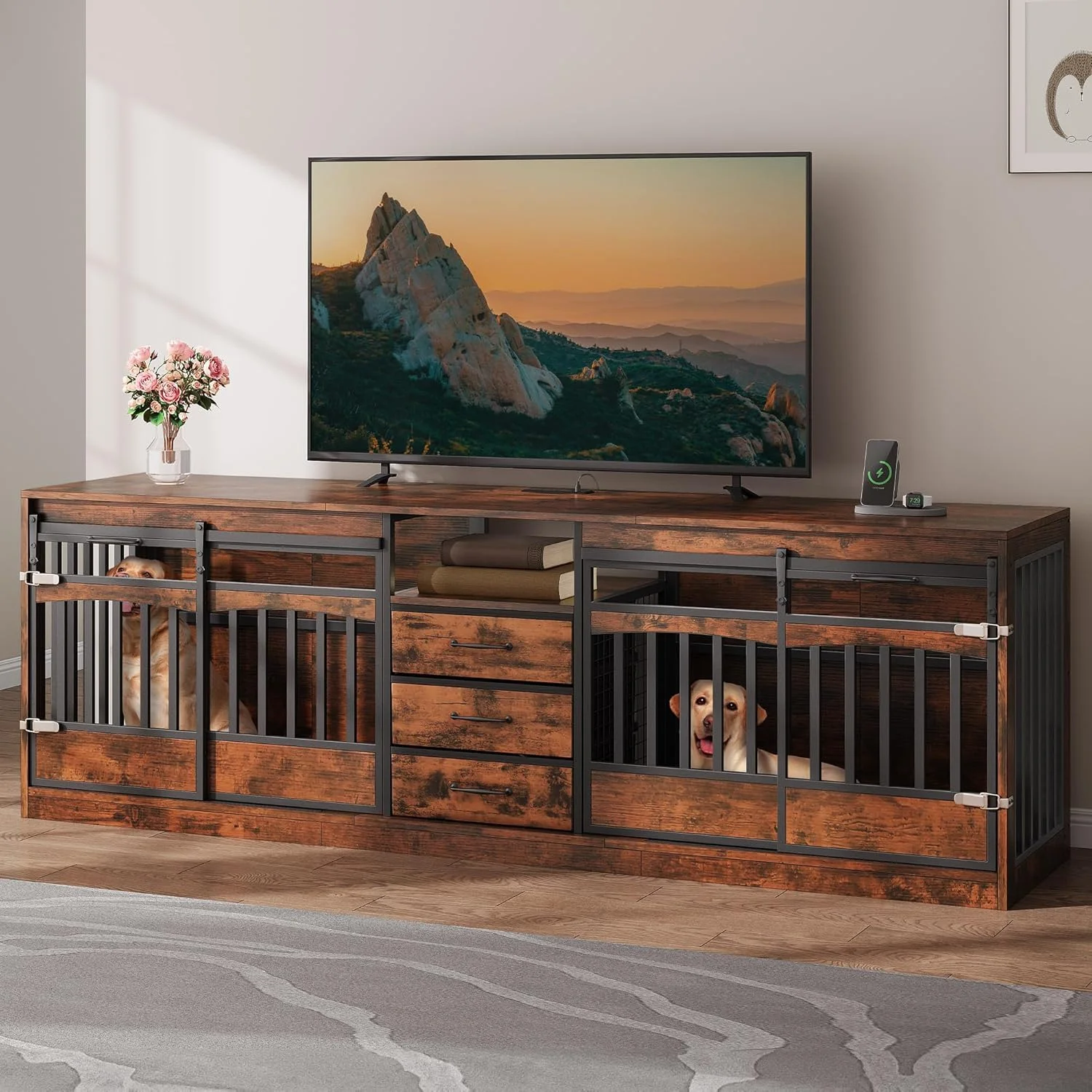 Homiflex 86.61" Large Double Dog Crate Furniture with Storage Drawers Farmhouse Dog Kennel TV Stand Indoor for 2 Large Medium Dogs Decorative Dog Cage with Sliding Door Power Outlets Brown