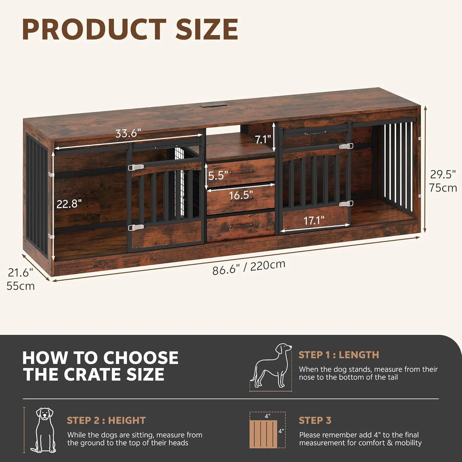 Homiflex 86.61" Large Double Dog Crate Furniture with Storage Drawers Farmhouse Dog Kennel TV Stand Indoor for 2 Large Medium Dogs Decorative Dog Cage with Sliding Door Power Outlets Brown