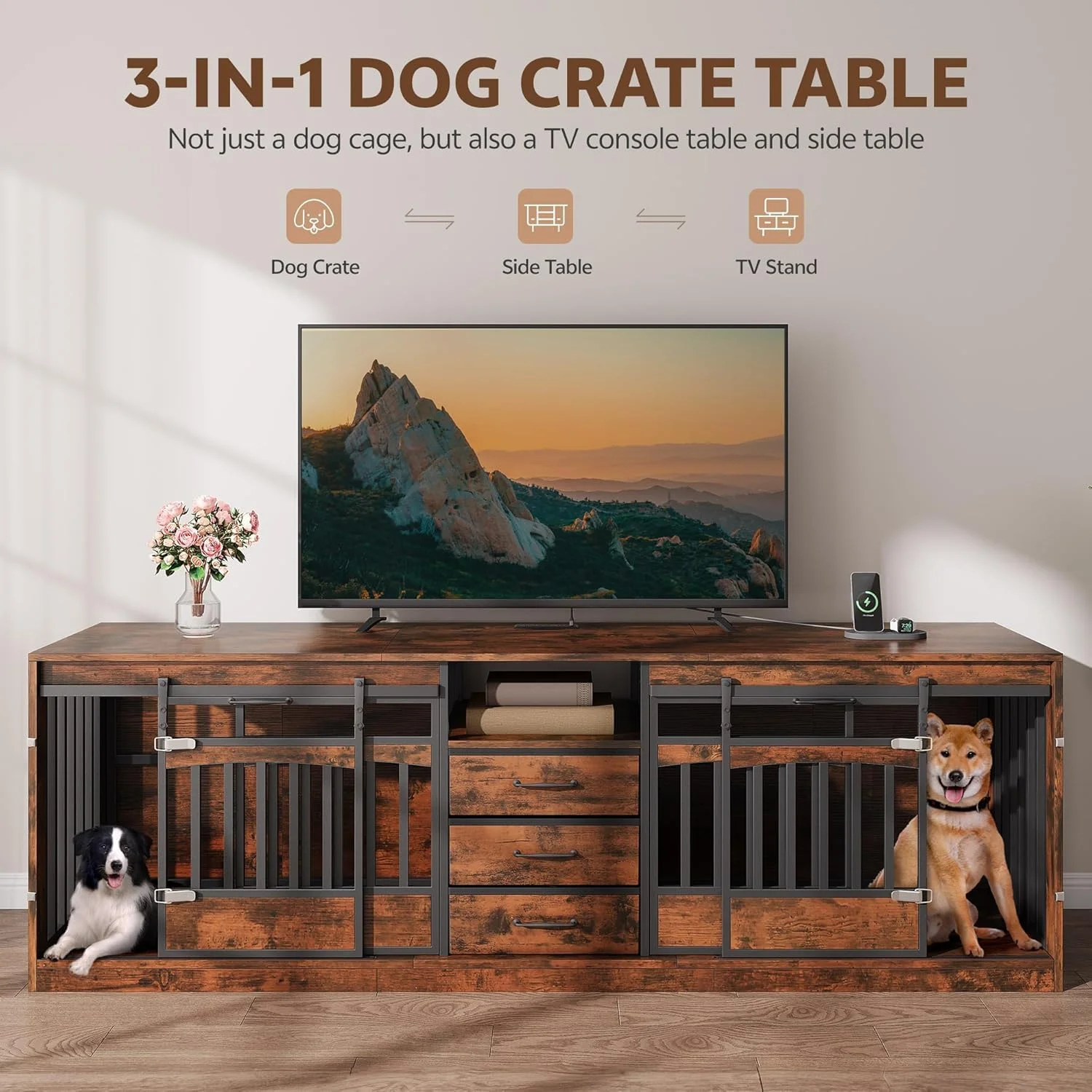 Homiflex 86.61" Large Double Dog Crate Furniture with Storage Drawers Farmhouse Dog Kennel TV Stand Indoor for 2 Large Medium Dogs Decorative Dog Cage with Sliding Door Power Outlets Brown