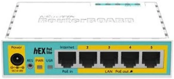 روتر پنج پورت میکروتیک مدل RouterBoard RB750UPr2 hEX PoE lite، دارای یک پورت USB 2.0 و خروجی PoE. پورت‌های 2 تا 5 می‌توانند دستگاه‌های دارای قابلیت PoE را با همان ولتاژی که به دستگاه اعمال می‌شود، تغذیه کنند.