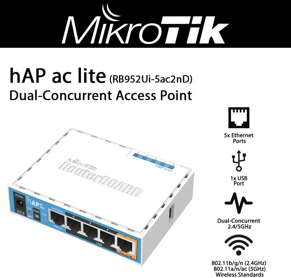 اکسس پوینت دو بانده Mikrotik hAP ac lite نسخه US، 802.11ac، 5 پورت PoE، USB، OSL4 اکسس پوینت دو بانده Mikrotik hAP ac lite نسخه US، 802.11ac، 5 پورت PoE، USB، OSL4