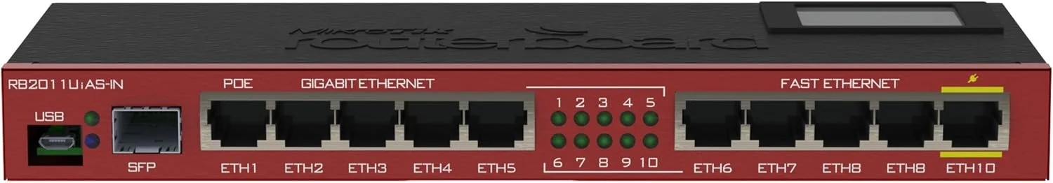 میکروتیک - RB2011UIAS-IN - RB2011UASIN دارای 5 پورت گیگابیتی LAN، 5 پورت LAN اترنت سریع، لایسنس OS L5، MicroUSB، رم 128 مگابایتی، صفحه نمایش لمسی LCD برای پیکربندی
