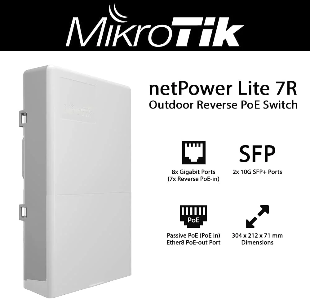 میکروتیک netPower Lite 7R با 8 پورت گیگابیتی اترنت (7 پورت با قابلیت Reverse POE-in، 1 پورت با قابلیت PoE-Out)، 2 عدد SFP+ Cage، SwitchOS، مناسب فضای باز میکروتیک netPower Lite 7R با 8 پورت گیگابیتی اترنت (7 پورت با قابلیت Reverse POE-in، 1 پورت با قابلیت PoE-Out)، 2 عدد SFP+ Cage، SwitchOS، مناسب فضای باز