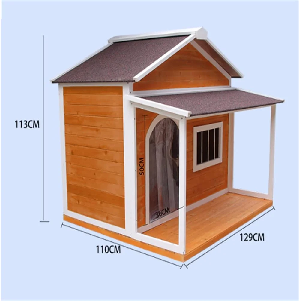 خانه سگ چوبی جامد، خانه سگ فضای باز به سبک کلبه، لانه حیوانات خانگی چوبی مرتفع با سقف آسفالتی، درب جلو، پنجره جانبی برای سگ های متوسط/بزرگ