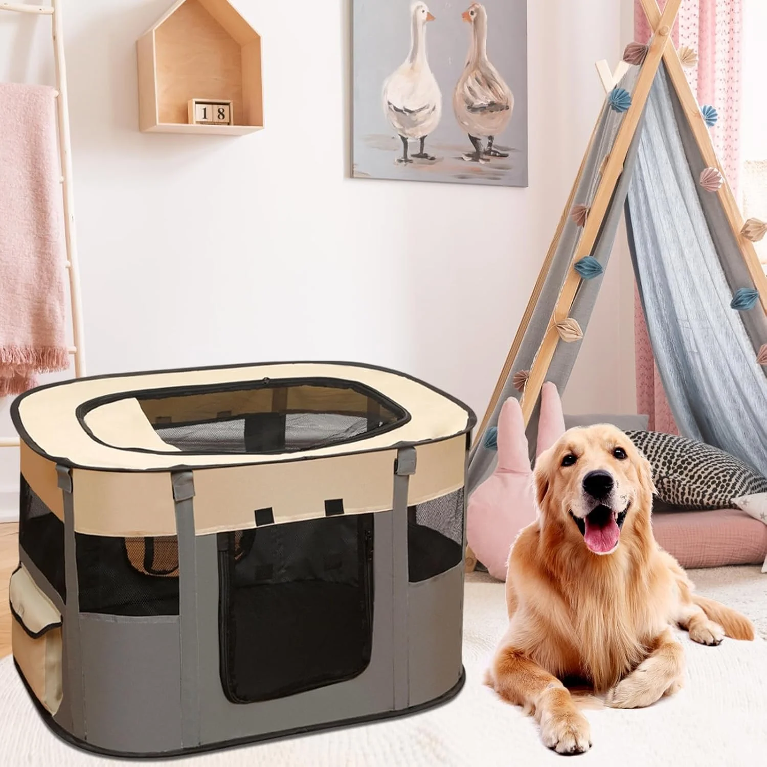 محوطه بازی حیوانات خانگی پاپی ران، 70x55x40 سانتی متر، محوطه بیرونی برای سگ ها، گربه ها، خرگوش ها و حیوانات کوچک، مناسب برای استفاده در داخل و خارج از خانه