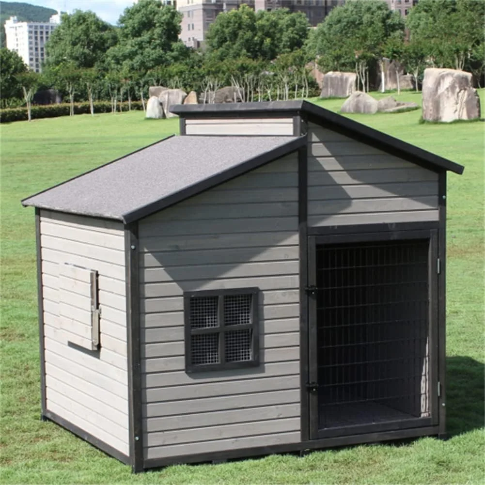 خانه سگ چوبی، خانه حیوانات خانگی به سبک کلبه در فضای باز با زیرپایی قابل تنظیم و روکش ضد آب درب، کف مرتفع، برای نژادهای بزرگ و متوسط ​​سگ