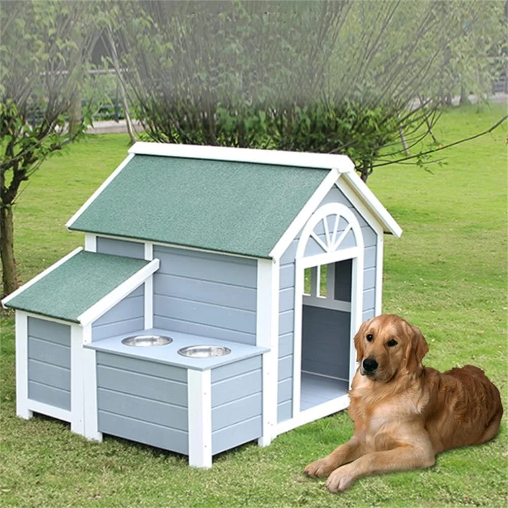 خانه سگ چوبی مناسب فضای باز، خانه حیوانات خانگی سبک کابین با چوب جامد به همراه کاسه غذا، سقف آسفالتی و جعبه ذخیره سازی مناسب سگ ها تا وزن 30 کیلوگرم.