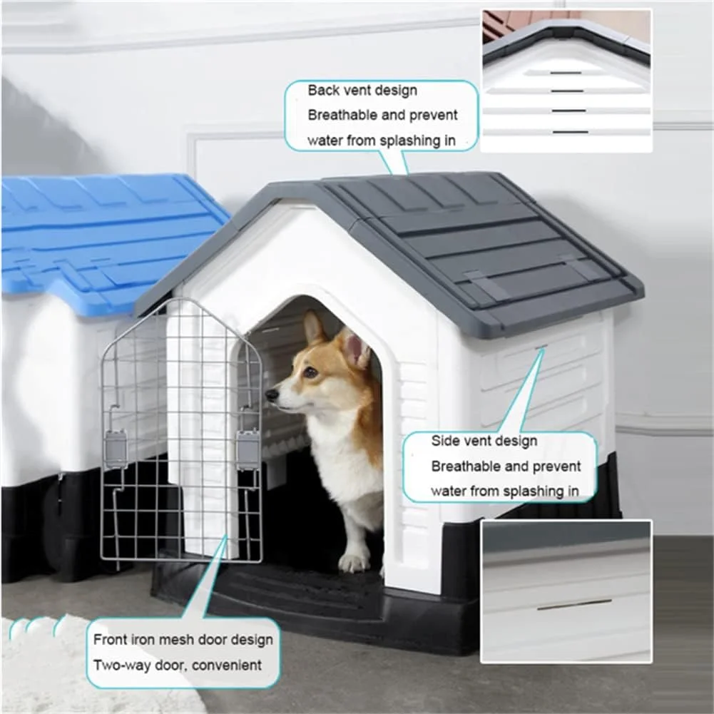خانه سگ پلاستیکی، لانه سگ ضد آب و مقاوم در برابر باران در فضای باز با دریچه های هوا/درب و کف مرتفع، لانه بادوام، برای سگ های کوچک، متوسط و بزرگ