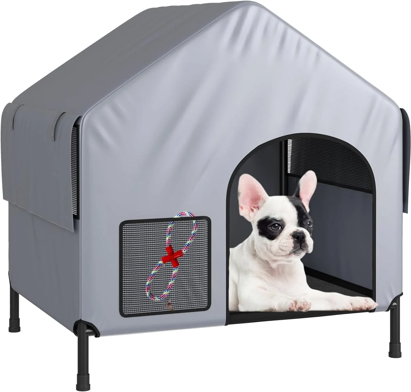 خانه سگ LitaiL برای سگ های کوچک و بزرگ، مناسب فضای داخلی و خارجی، دارای سایبان PVC ضد آب 600D، تخت سگ مرتفع تکیستیل 2 در 1، لانه سگ بزرگ بیرونی با پنجره های توری تنفسی و سایه بان