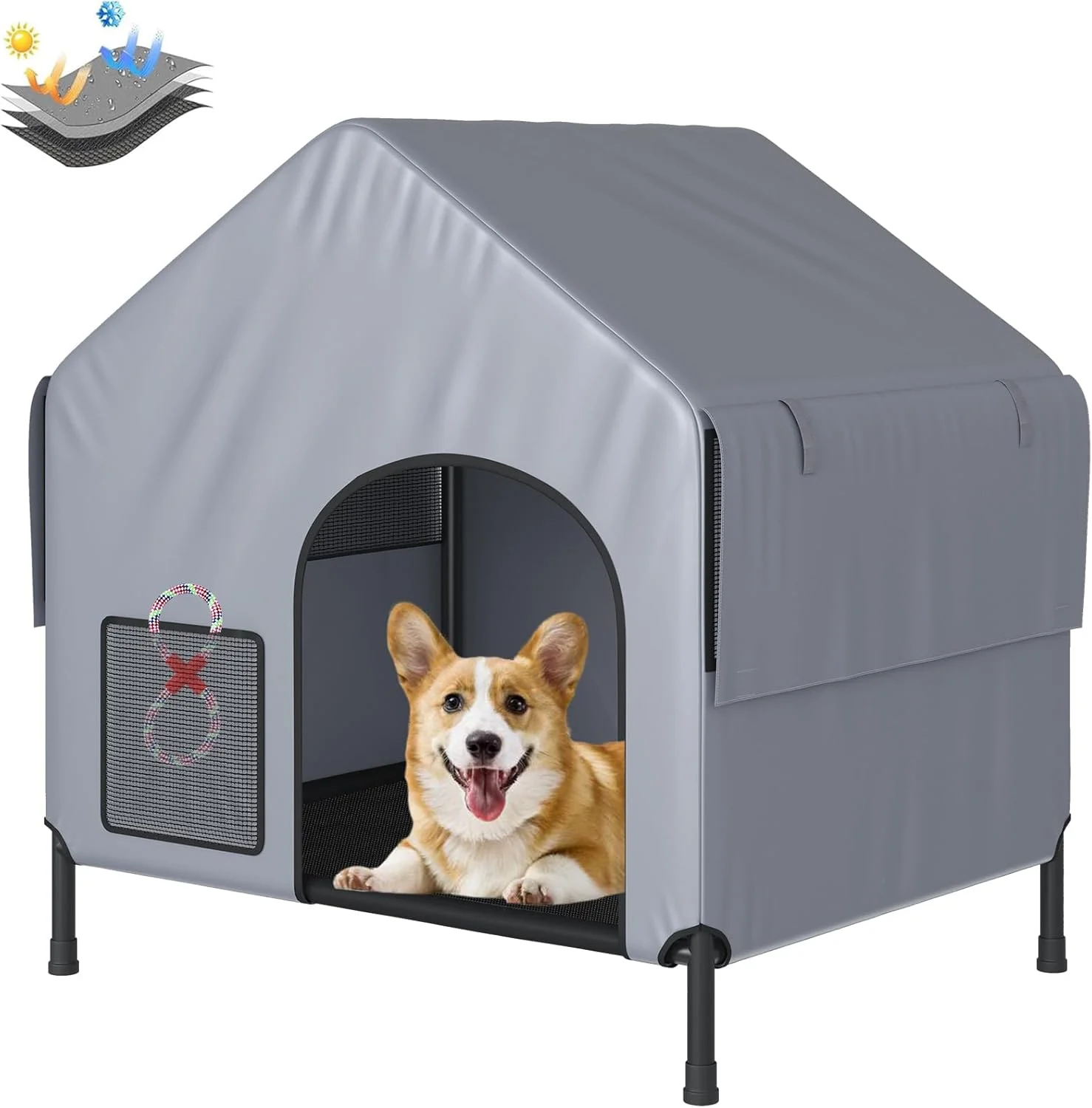 خانه سگ مرتفع تخت خواب لانه سگ داخلی با کوسن برای سگ ها و گربه های کوچک، متوسط و بزرگ، لانه گرم زمستانی گربه، مبل غار توله سگ، محصولات حیوانات خانگی مونتاژ آسان 96*96*75 سانتی متر