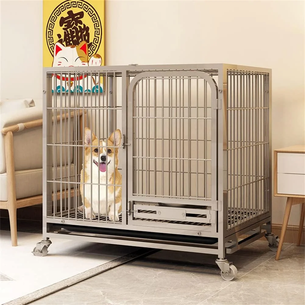 قفس سگ تاشو فلزی سیم دار، قفس سگ سنگین با جداکننده توالت و چهار چرخ، تک درب، برای حیوانات خانگی در فضای باز و داخل خانه