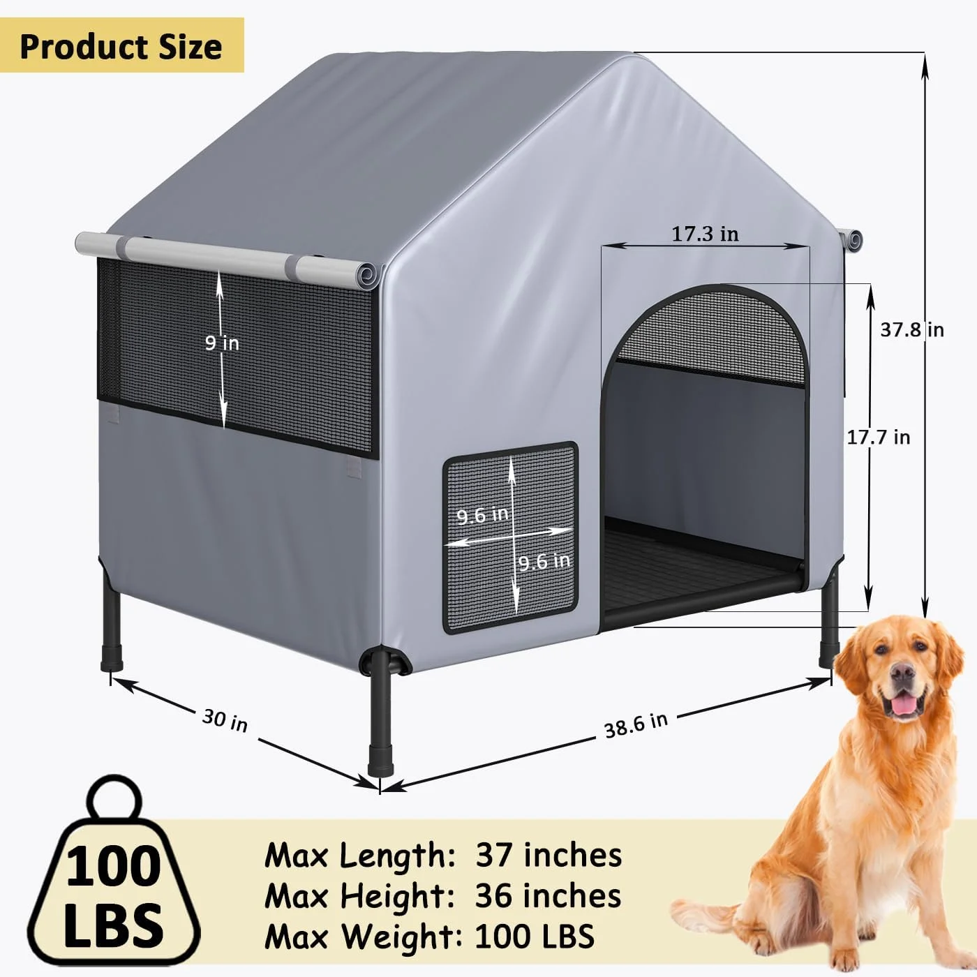 خانه سگ LitaiL برای سگ های کوچک و بزرگ، مناسب فضای داخلی و خارجی، دارای سایبان PVC ضد آب 600D، تخت سگ مرتفع تکیستیل 2 در 1، لانه سگ بزرگ بیرونی با پنجره های توری تنفسی و سایه بان