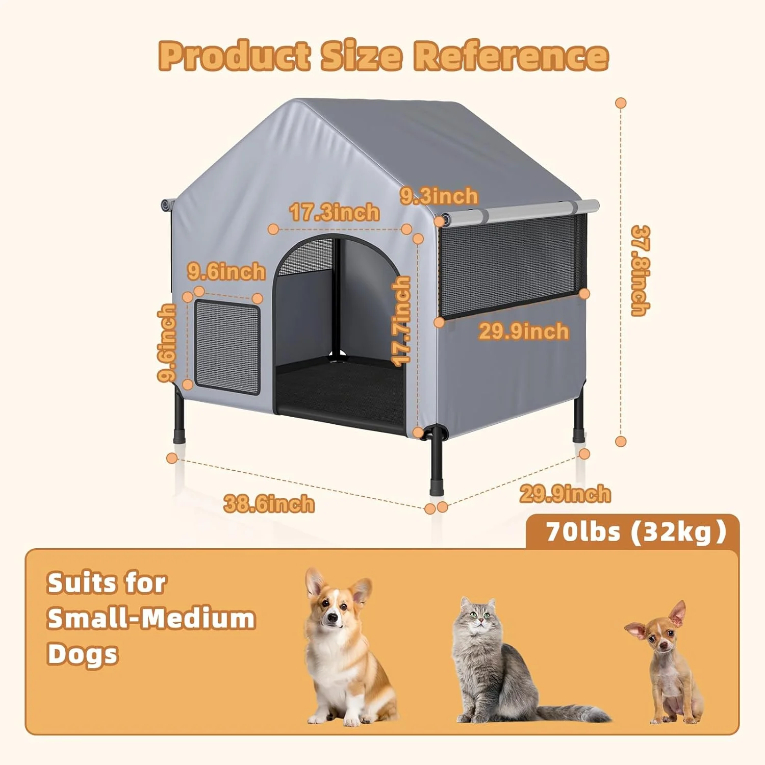 خانه سگ مرتفع تخت خواب لانه سگ داخلی با کوسن برای سگ ها و گربه های کوچک، متوسط و بزرگ، لانه گرم زمستانی گربه، مبل غار توله سگ، محصولات حیوانات خانگی مونتاژ آسان 96*96*75 سانتی متر