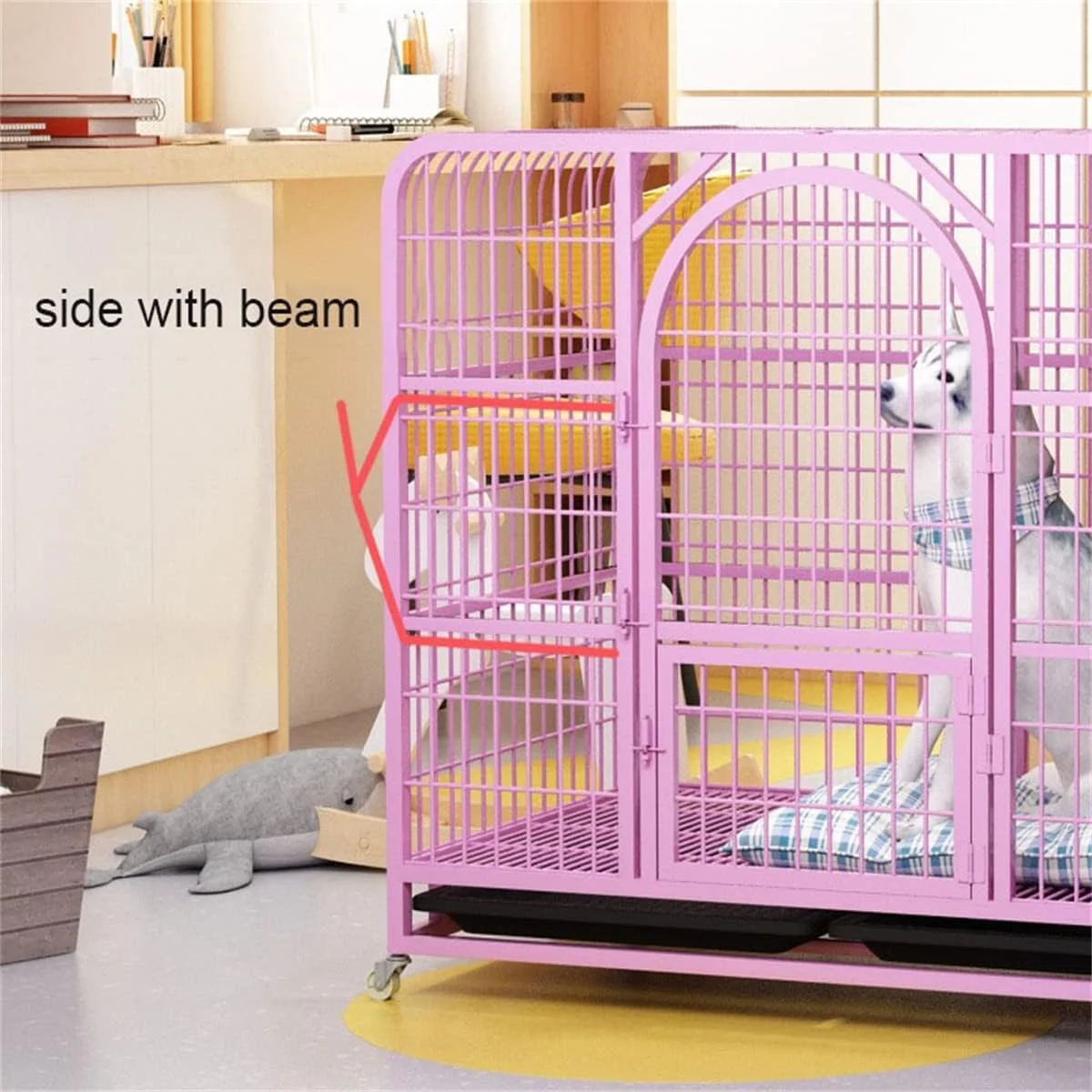 قفس سگ خانگی، قفس فلزی سنگین و بادوام به شکل خانه، لانه سگ و محوطه بازی با 4 چرخ قفل‌دار و سینی برای سگ‌های بزرگ و متوسط، صورتی، XXL