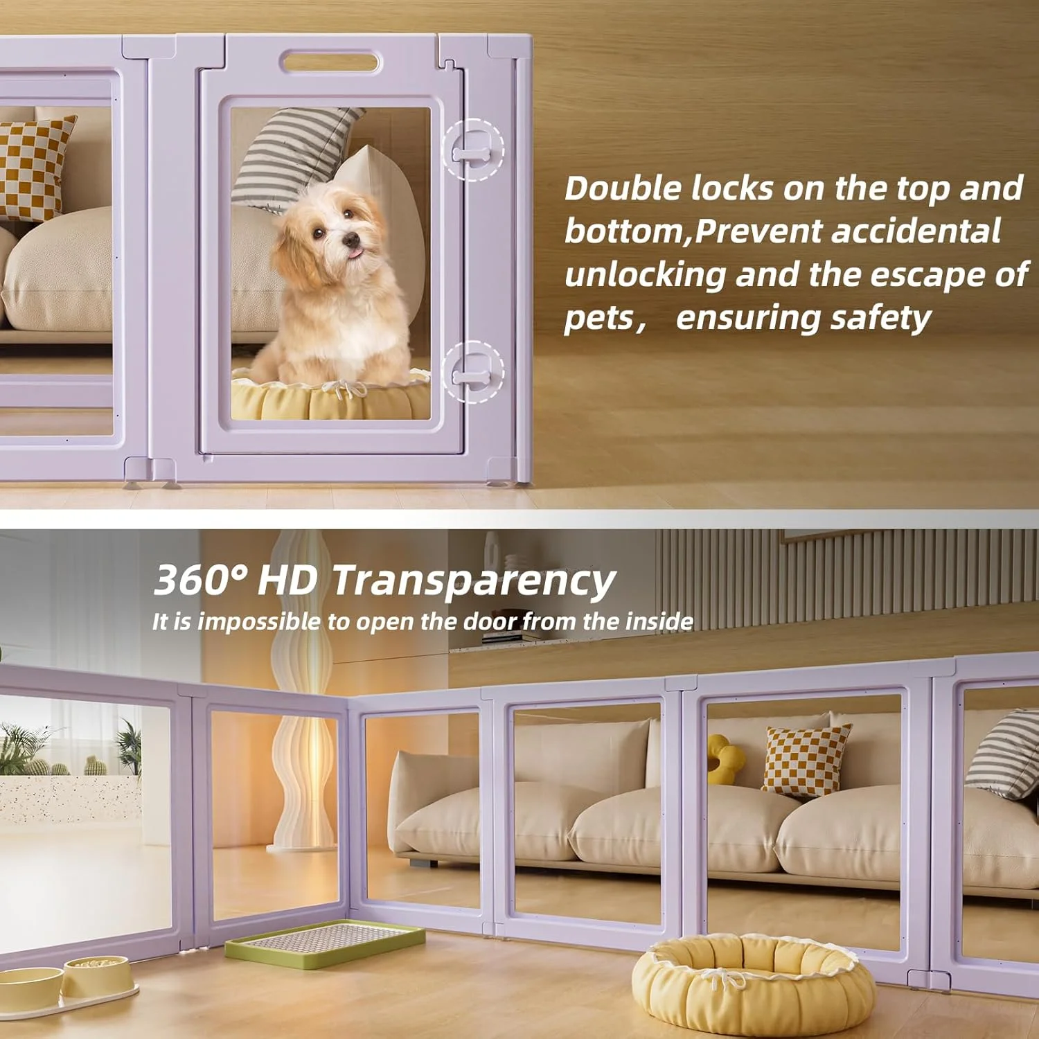 خانه بازی سگ آکریلیک شفاف LoveTail DIY، مونتاژ و جداسازی سریع و آسان، مکش قوی کف، استفاده در فضای داخلی و خارجی، حصار توله سگ با پاکسازی آسان (بنفش، 60 سانتی متر ارتفاع، 8 عدد)