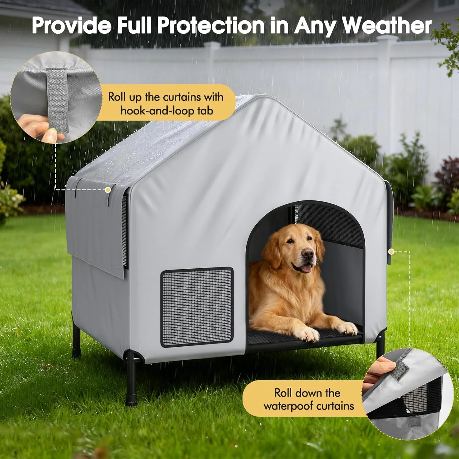 خانه سگ LitaiL برای سگ های کوچک و بزرگ، مناسب فضای داخلی و خارجی، دارای سایبان PVC ضد آب 600D، تخت سگ مرتفع تکیستیل 2 در 1، لانه سگ بزرگ بیرونی با پنجره های توری تنفسی و سایه بان