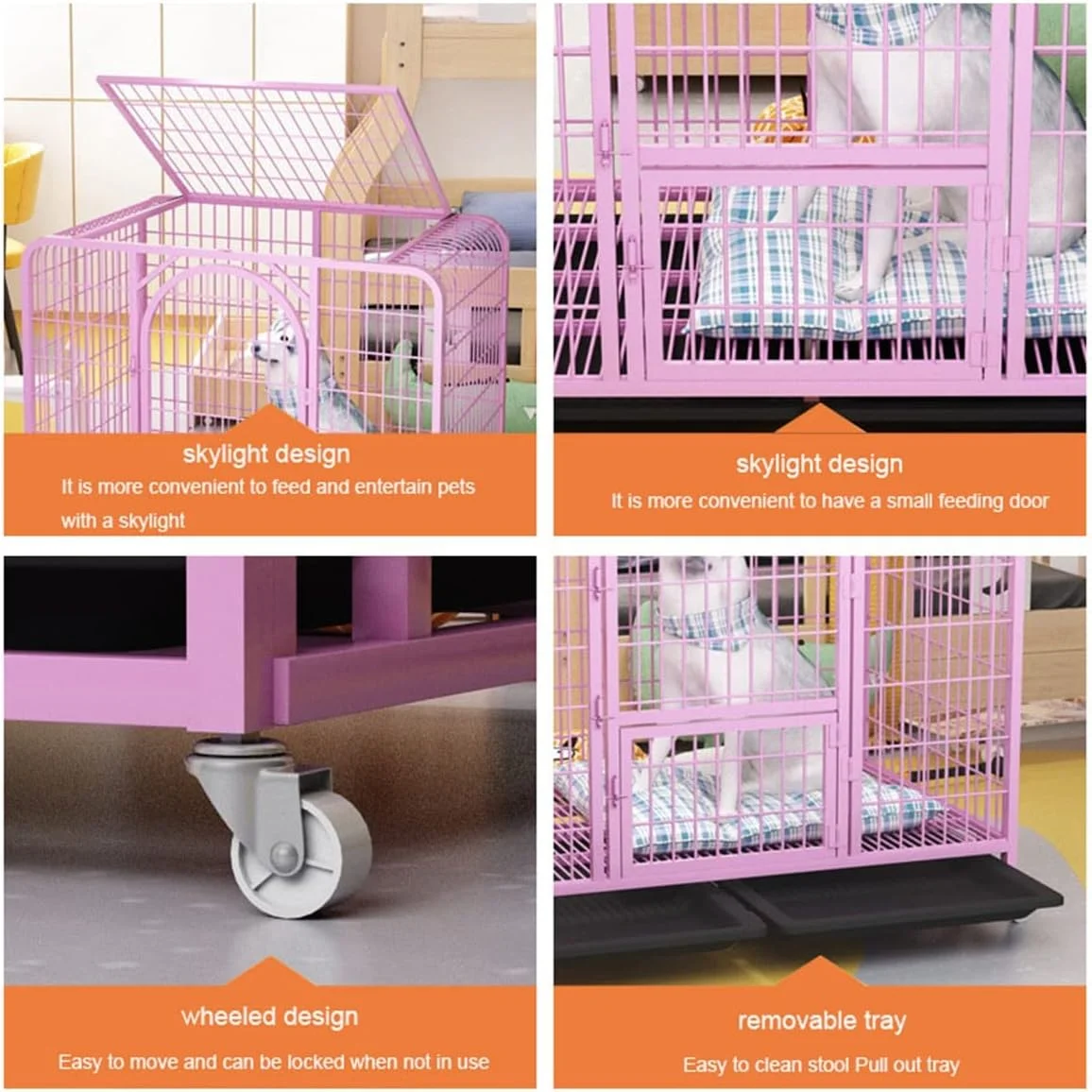 قفس سگ خانگی، قفس فلزی سنگین و بادوام به شکل خانه، لانه سگ و محوطه بازی با 4 چرخ قفل‌دار و سینی برای سگ‌های بزرگ و متوسط، صورتی، XXL